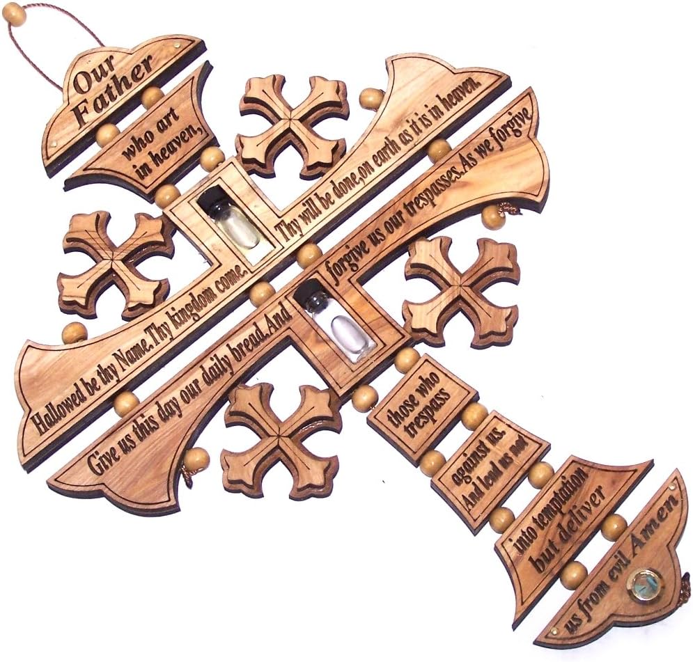 Holy Land Market Byzantine Olive wood Cross with Lord prayer made by Laser technology (10 inches)