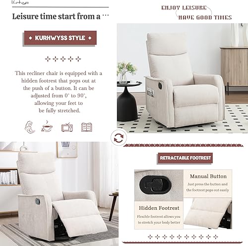 Miniatura 3 de Mecedora reclinable con calor y masaje, balancín giratorio de 360 con respaldo reclinable y reposapiés, mecedoras modernas para habitación de bebé
