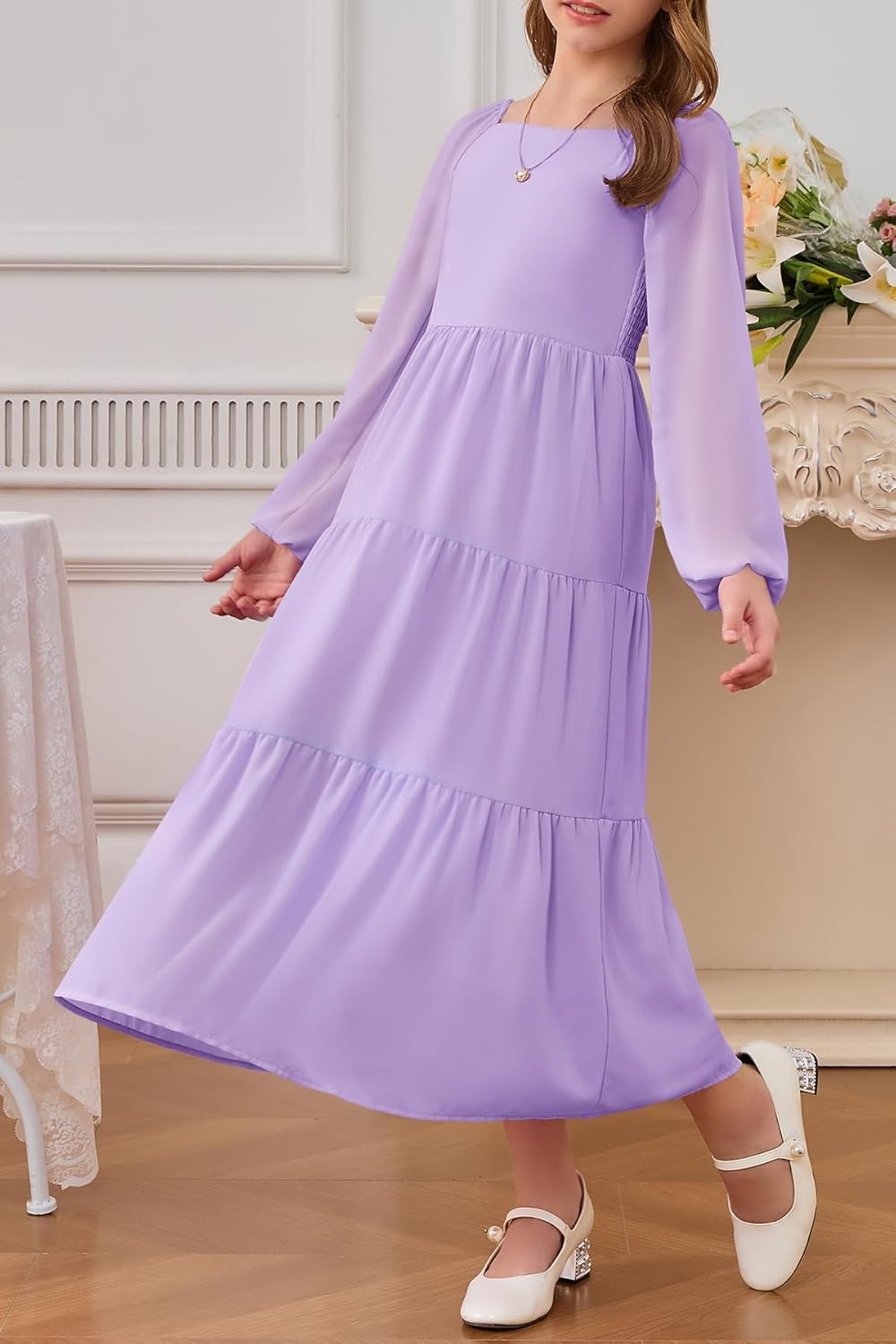 YOVION Girls Fall Long Sleeve Maxi Dress Chiffon A-Line Smocked Tiered Flowy Formal Wedding Guest Dresses for 6-12 Y - Image 3