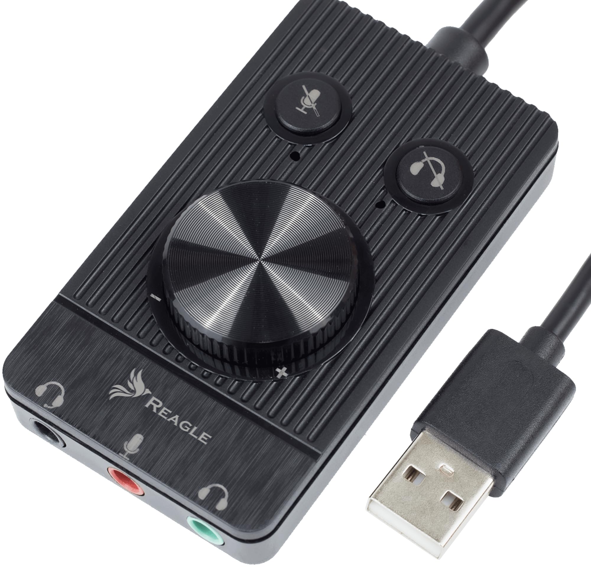 Reagle zewnętrzna karta dźwiękowa USB – 48 kHz/16-bitowy audio, złącza jack 3,5 mm, plug & play, regulacja głośności, przełącznik wyciszenia mikrofonu i słuchawek, kompatybilna z Windows, Mac OS