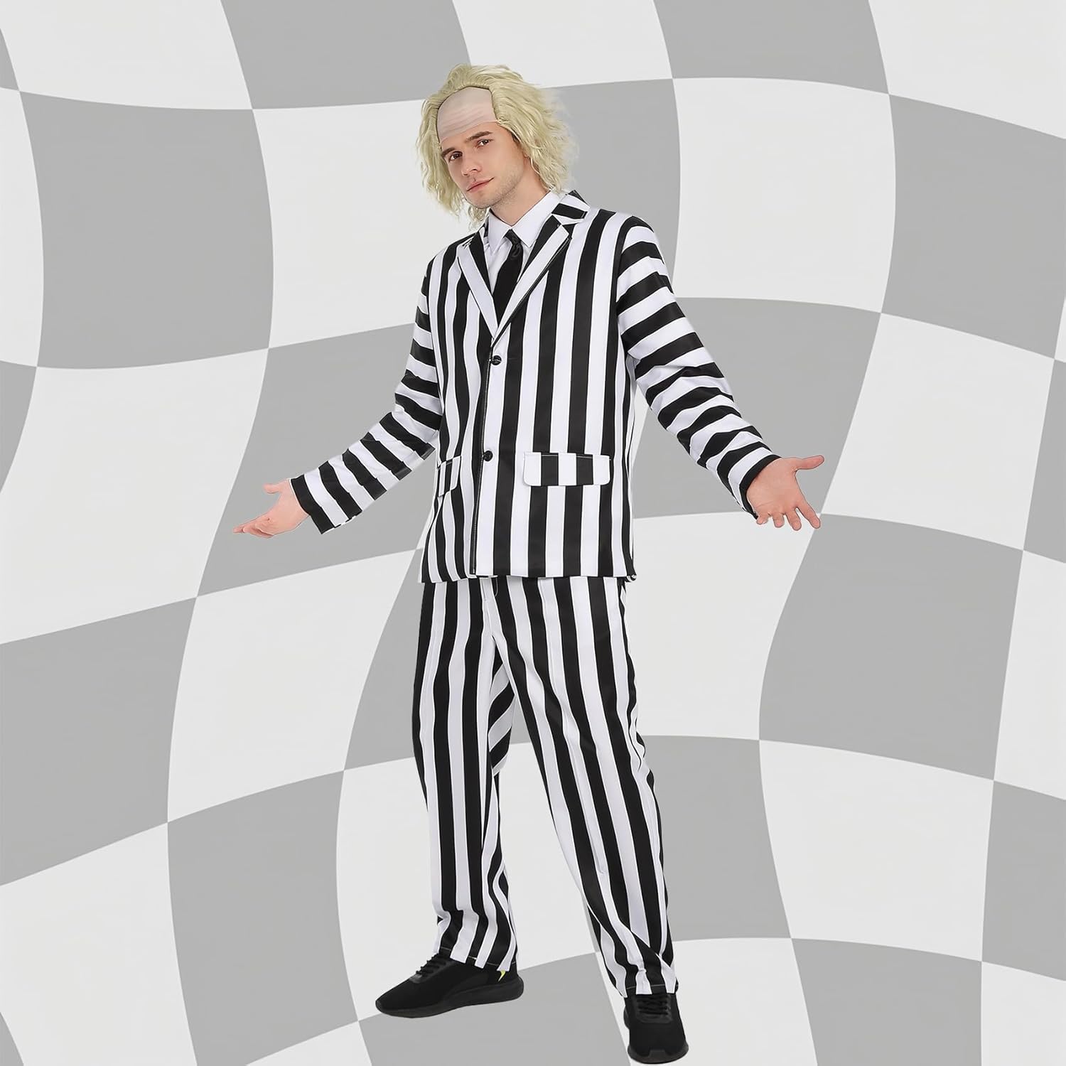 Halloween Costumes for Men Scary Black and White Stripe Suit with Wig - Image 3