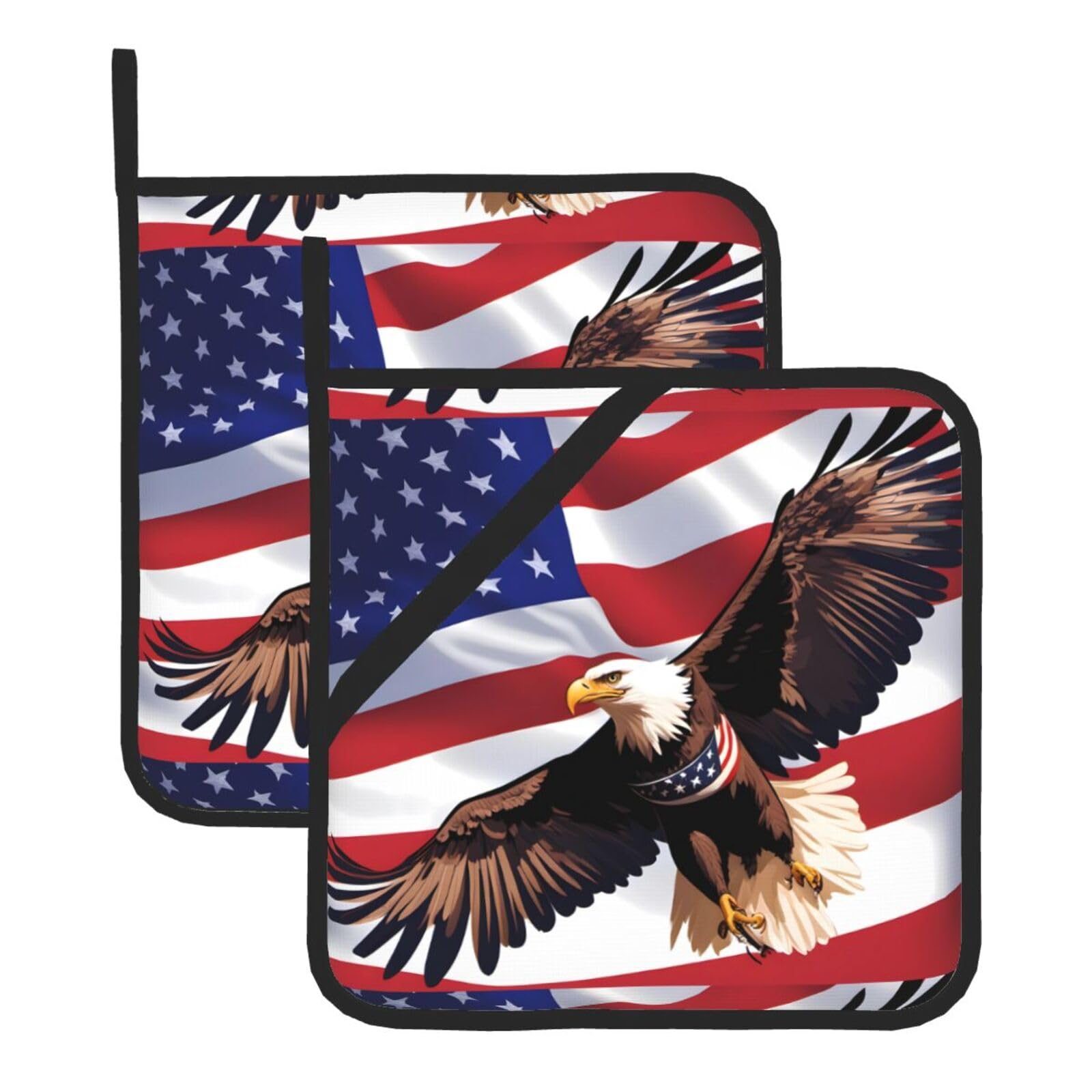 HJFCZH USA Patriotic Eagle with American Flag Prints Square Hot Pads for Kitchen Counter - Waterproof Pot Holders, Durable Heat Resistant Throw Layers for Serving, Oven & BBQ - 2 Pack