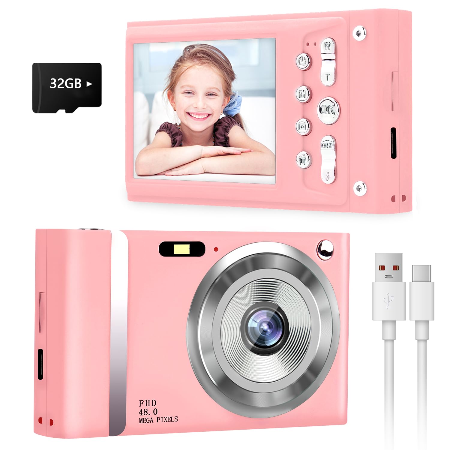 Jazeyeah Pink Digital Camera FHD 1080P Kids Camera with 32GB Card, Digital Point and Shoot Cameras with 16X Zoom Anti Shake, 48MP 2.8 Inch LCD Screen, Gift for Kids