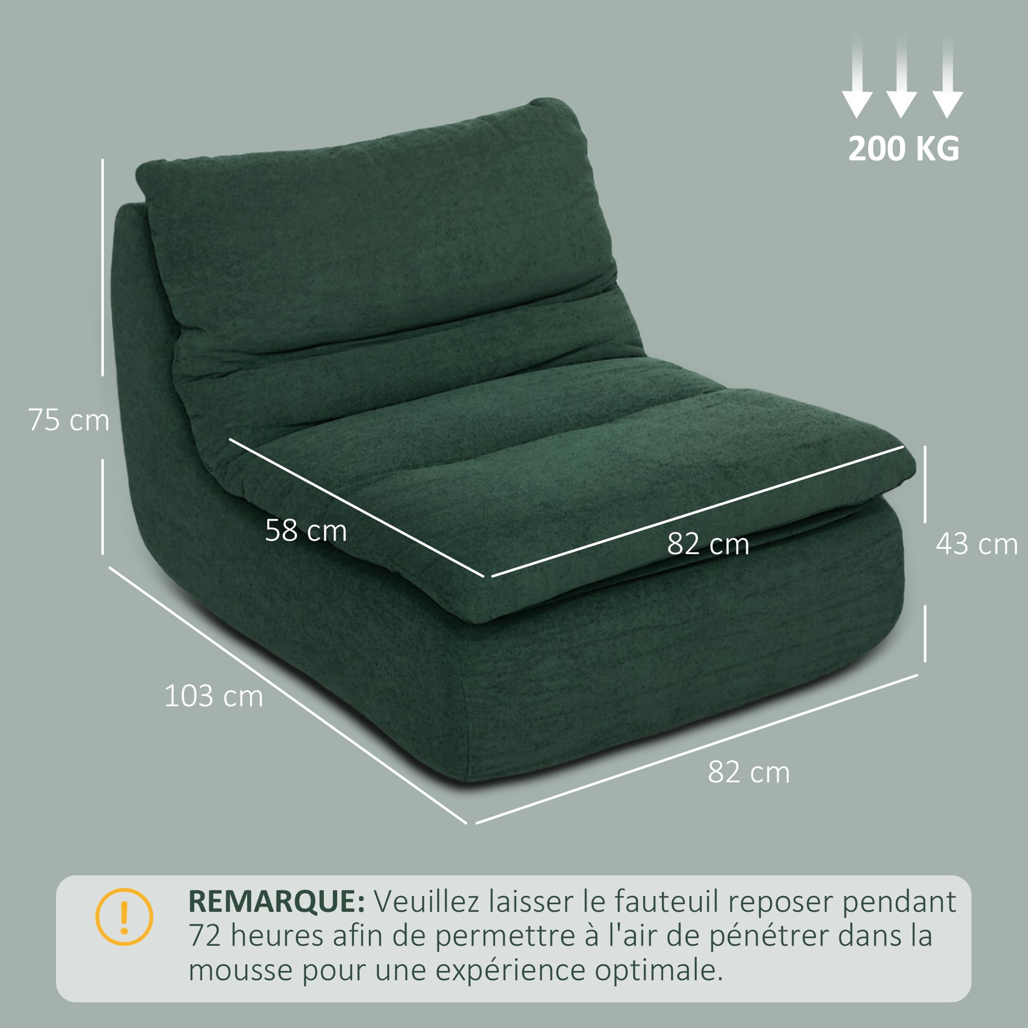 HOMCOM Canapé Paresseux chauffeuse 1 Place Fauteuil de Sol en Mousse Monobloc Ultra Haute densité, Fauteuil pour Salon, Chambre et Bureau, Charge 200 Kg, 82x103x75cm, Vert
