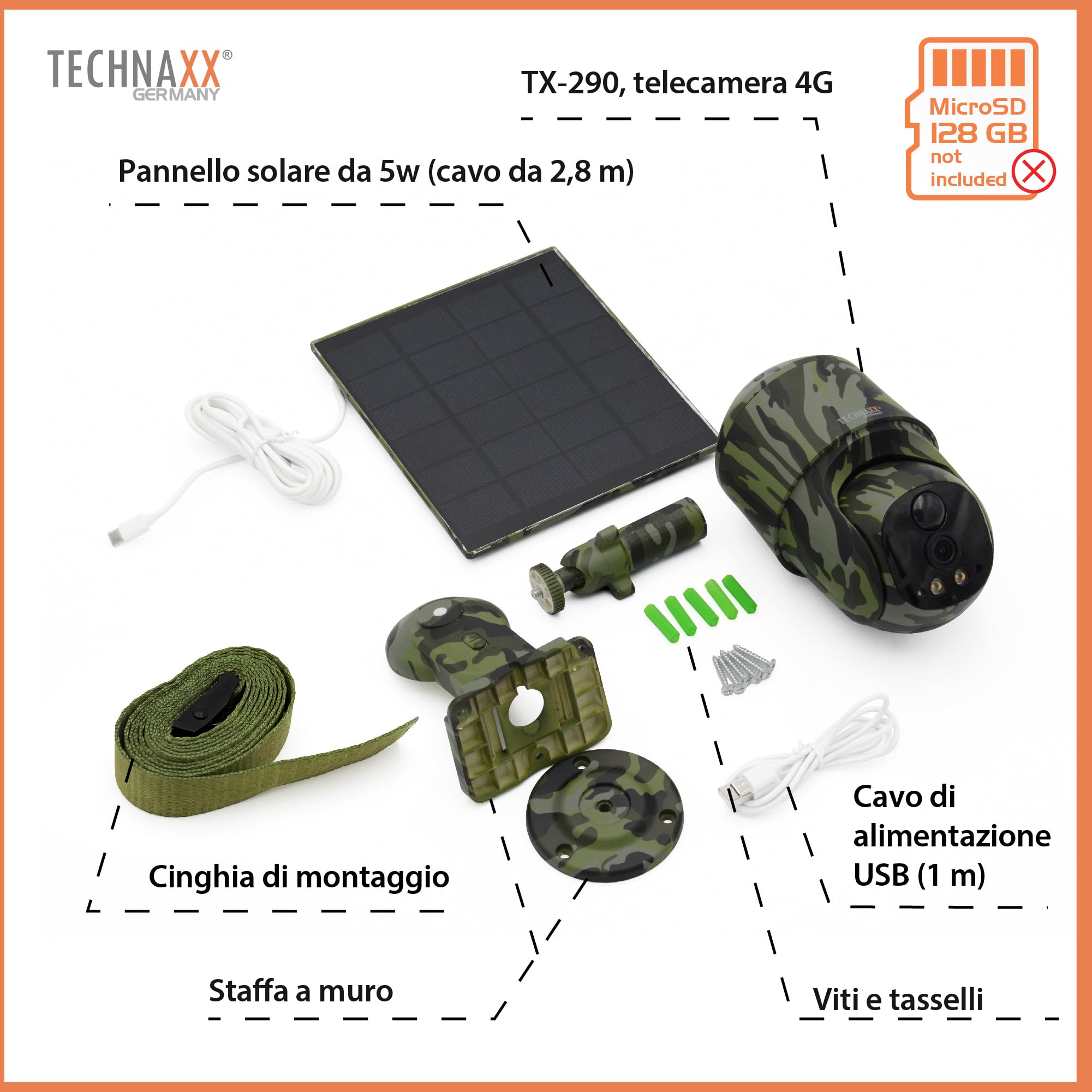 Technaxx Telecamera PT 4G da esterno con pannello solare 5W, 4MP, PIR, PTZ 360°, IP65 TX-290