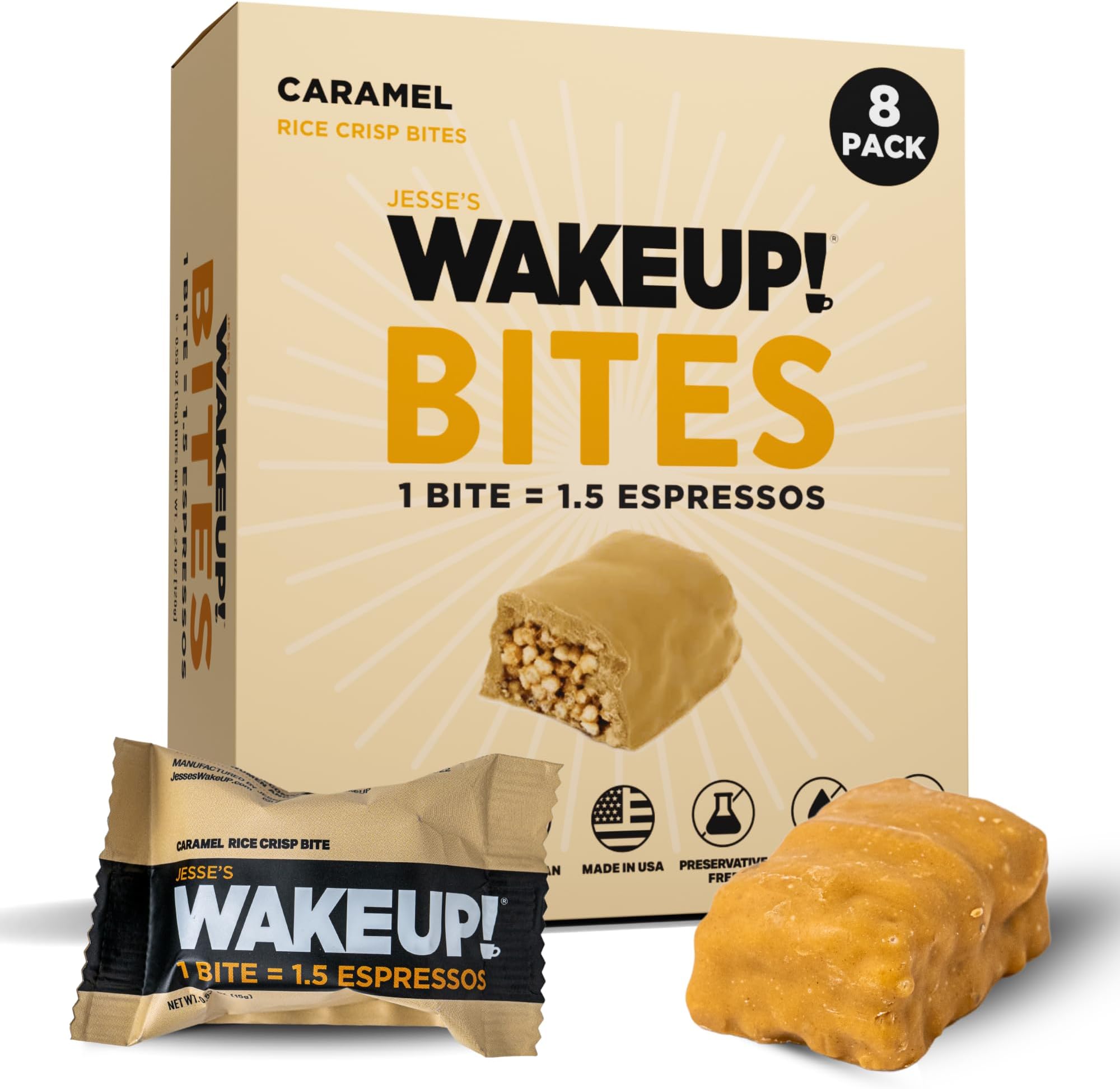 WAKE UP! Caffeinated Caramel Protein Bites - Gluten Free, Vegetarian, 175mg Caffeine (1 Bite = 1.5 Espressos) - Boosts Focus and Clarity - Kosher Ingredients - 8 Pack