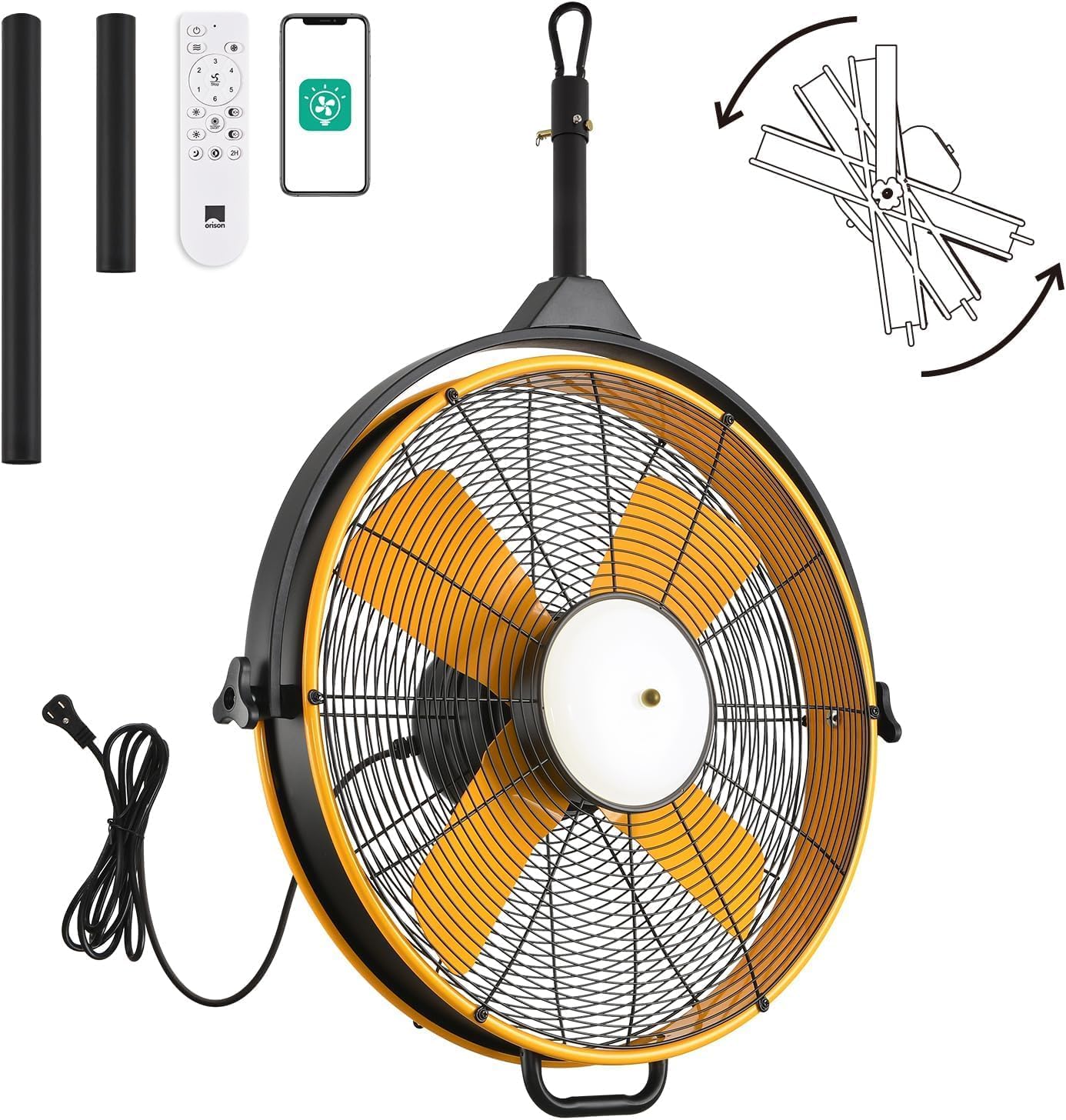 Orison 24.8'' Outdoor/Indoor Garage Ceiling Fan, 6 Speed Ceiling Mounted Plug-In Cord Garage Fan with Remote&APP, Manual Vertical Rotation, Hook hanging for Gazebo, Patio, Yellow&Black