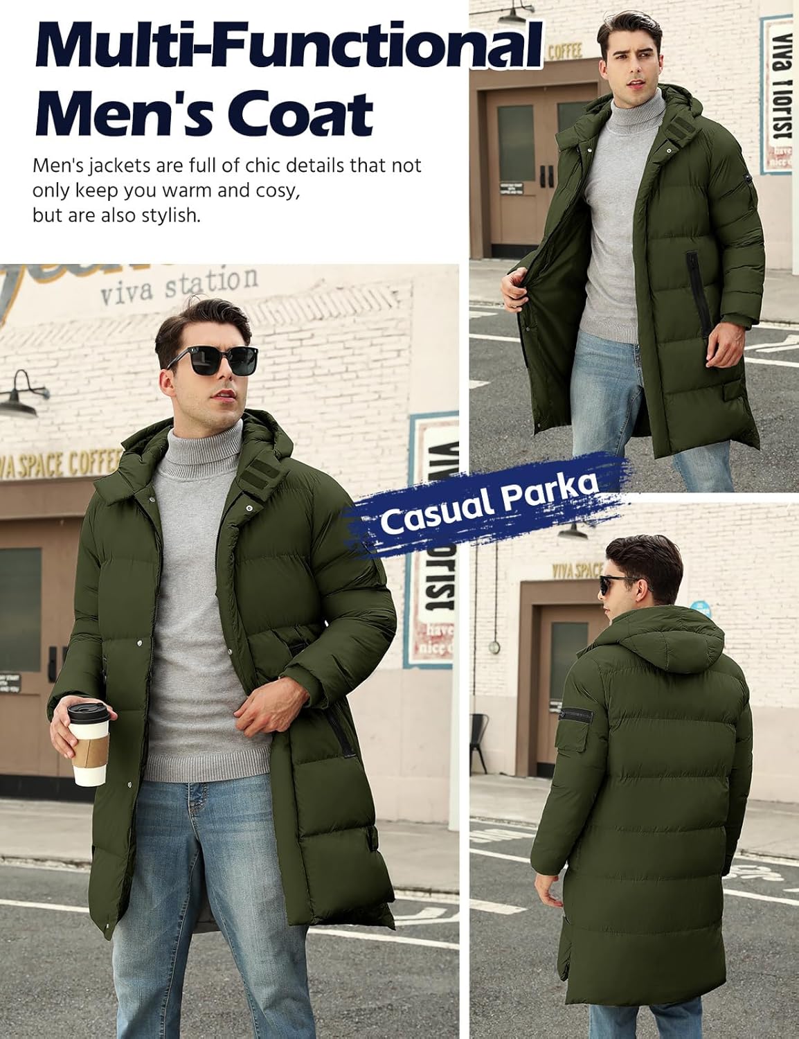 HEEKPEK Men's Hood Puffy Quilted Jacket Winter Warm Long Puffer Coat Windproof Full Zip Thicken Outerwear with 4 Pockets - Image 2
