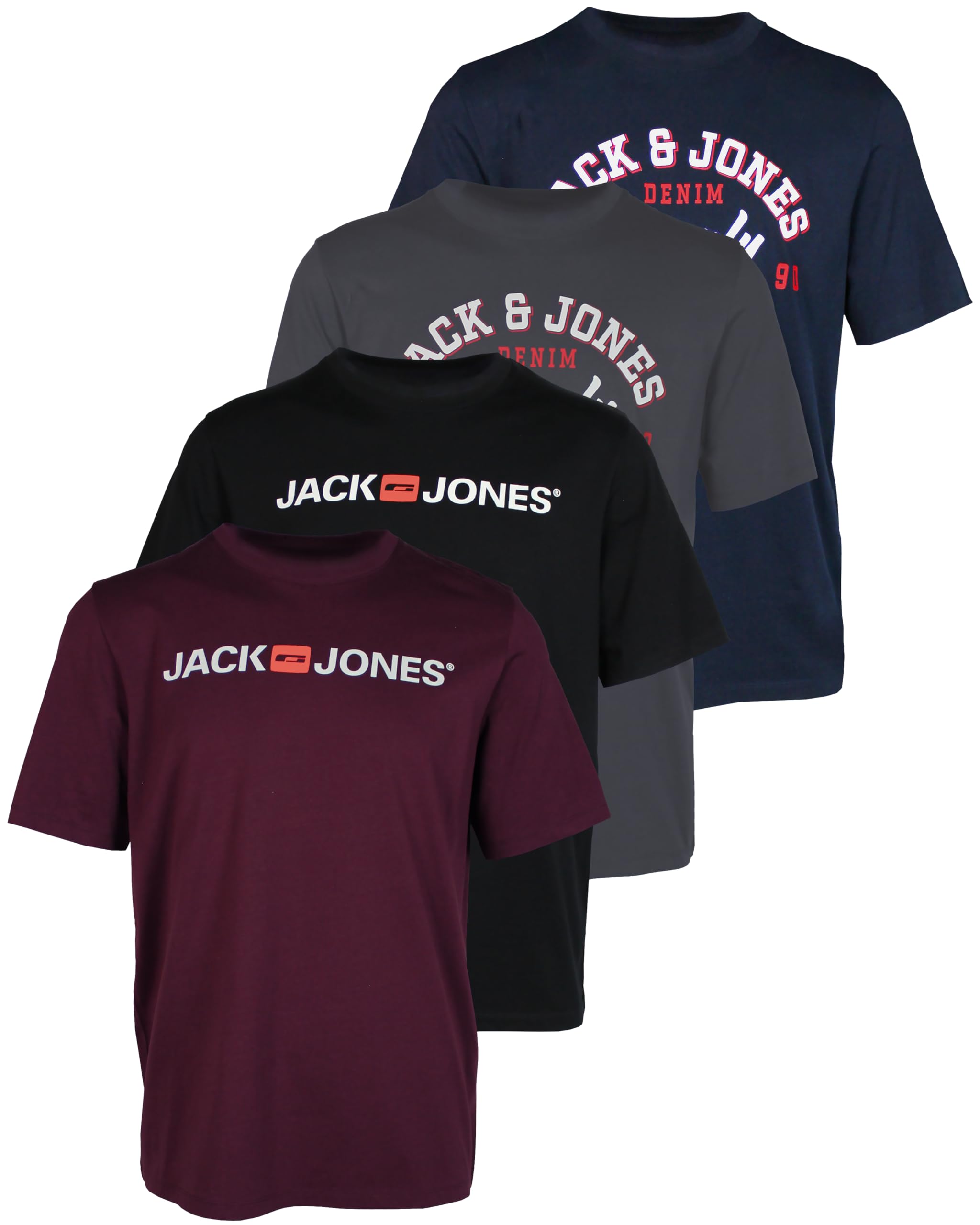 Jack & Jones Pack de 4 camisetas para hombre con estampado de algodón, diferentes logotipos