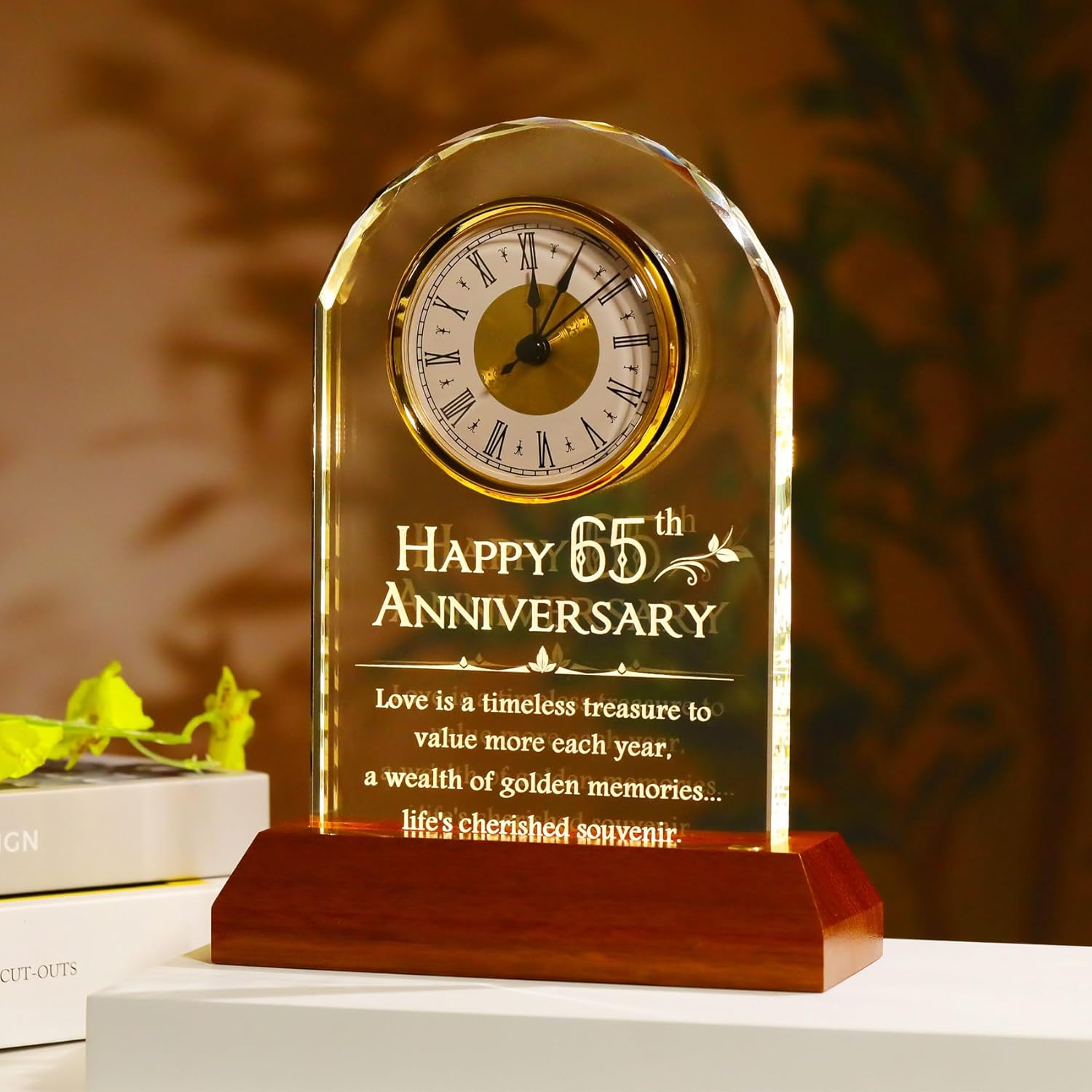 YWHL 65th Wedding Anniversary Clock Gifts for Parents Grandparents, 65 Years for Couples, Table Clock Glass Presents with Wooden Light Base for Home Decoration (Battery not Included)