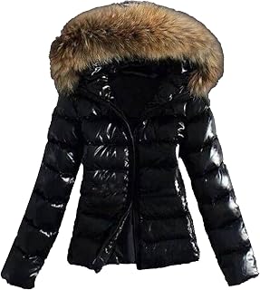 Slim Leather Puffer Jacket for Women Fur Hooded Cropped Down Winter Coat Insulated Thicken Quilted Snow Jacket (Black,Small)