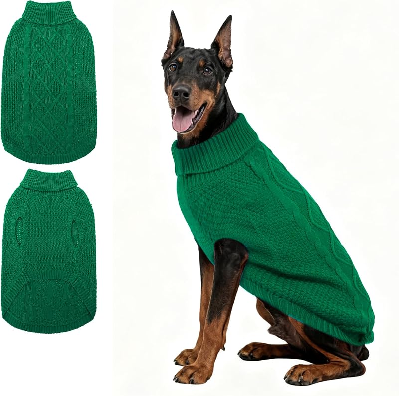 Suéter para Cães Mihachi com Gola Alta, Tricô Cable Knit e Abertura para Guia, Verde (2XL)