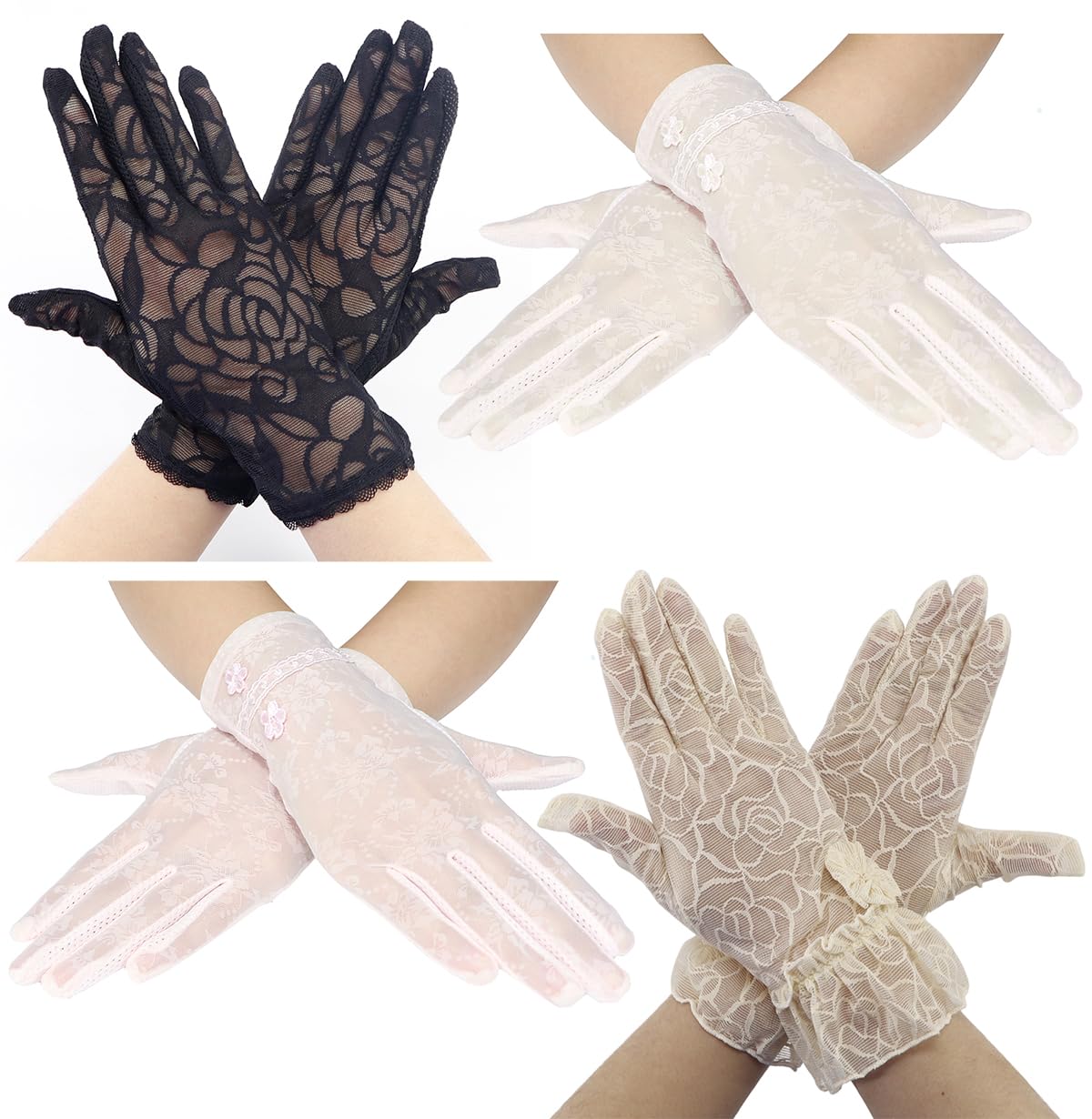 Coolwife Lace Gloves 4 Pairs Women Floral Ladies Bridal Tea Party Vintage Cosplay Fancy Dress Wedding Gloves (Black Beige Beige Pink)