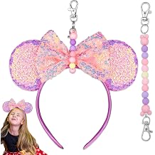 2-in-1 Sparkling Animal Ears Headband with Detachable Beaded Lanyard Holder - Hands-Free Theme Park Accessory, Double Sided Sequins Non-Slip Hairband for Women Girls, Pink Flannel Bow
