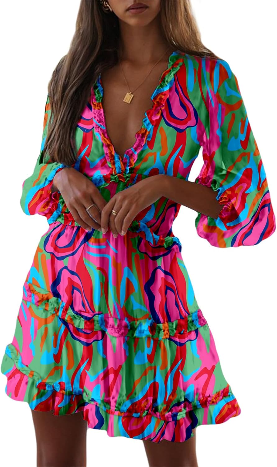 Dokotoo Womens 2025 Spring Summer Deep V Neck Long Sleeve Backless Ruffle Floral Flowy Mini Dress