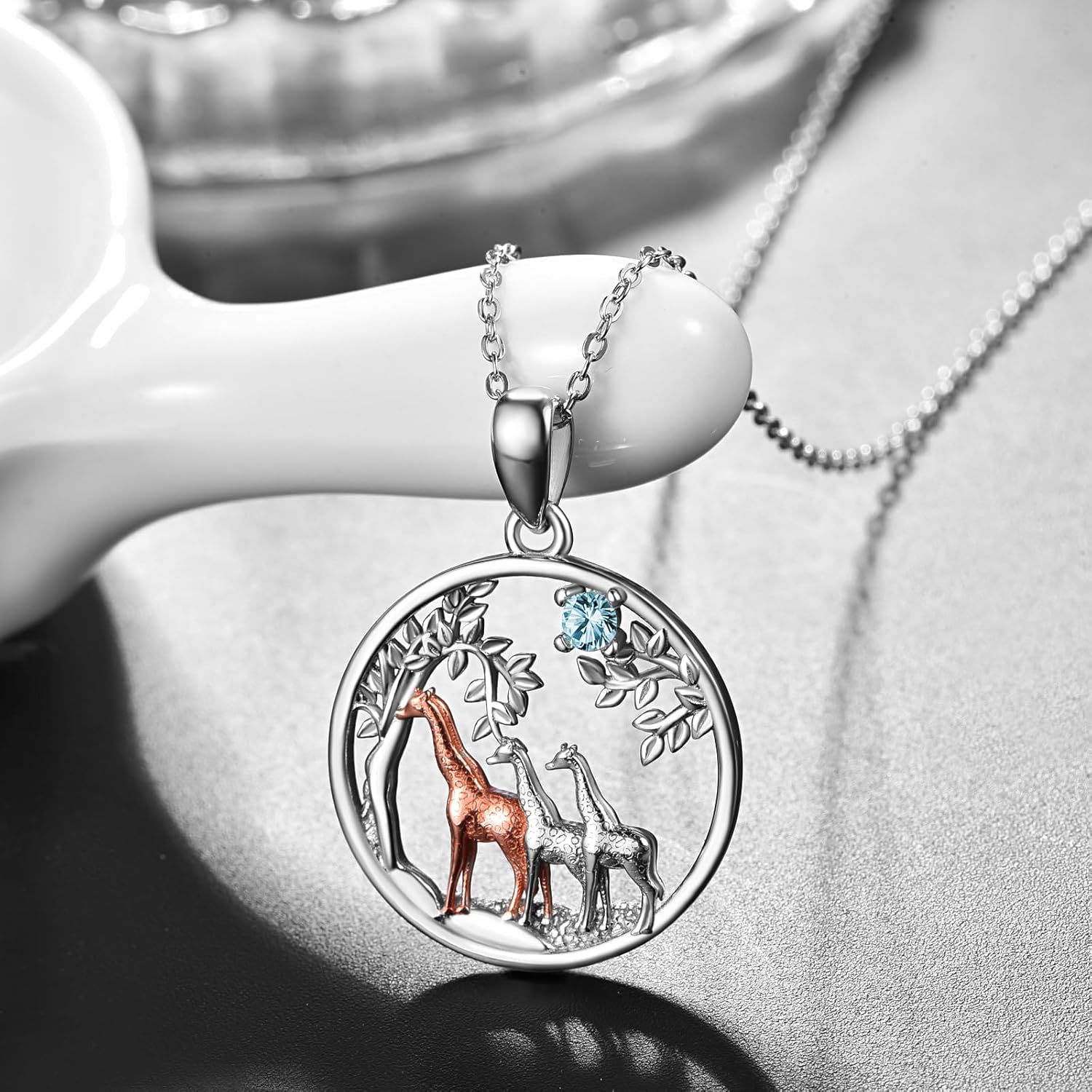 KINGWHYTE Giraffe Necklace Gifts for Women 925 Sterling Silver Three Giraffe Family Tree Pendant Birthstone Jewelry Birthday Gift for Her - Image 2