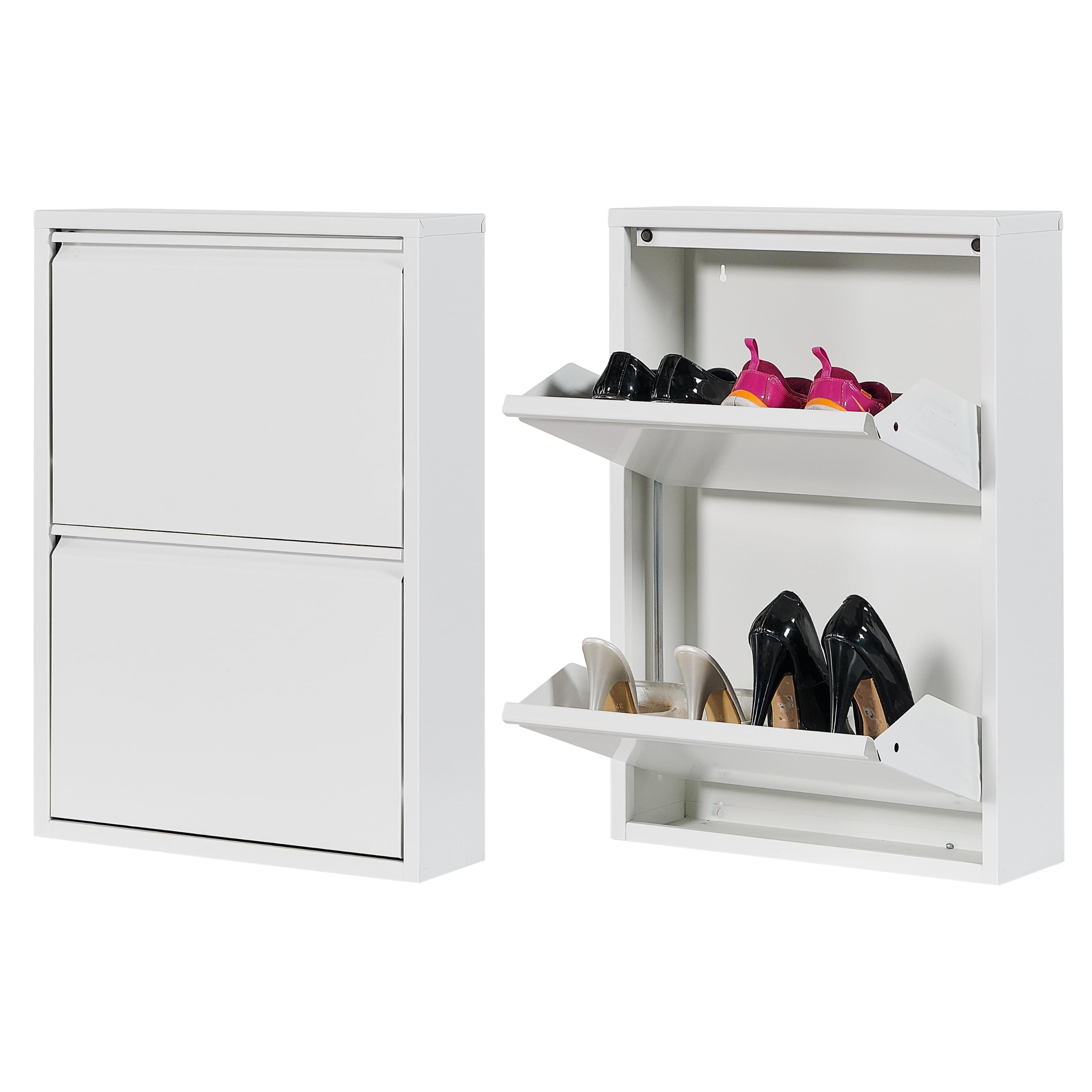 Atahome Slim Shoe Cabinet Narrow Shoe Storage Cabinet for hallway wall mounted thin flip down Tall Metal Shoe Rack Storage Organiser Shoe cupboard Indoor Olympos 2-Drawer (White)