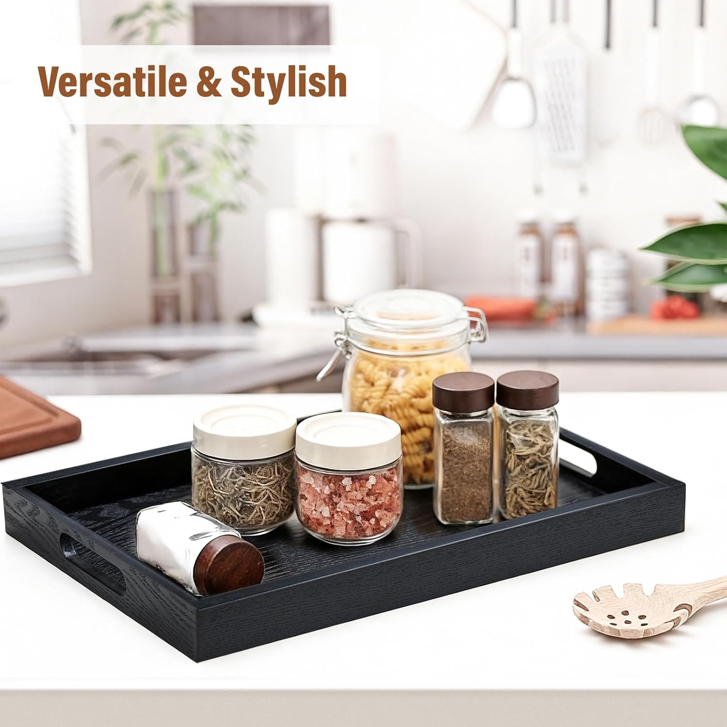 Wooden Serving Tray with Handles, 16.9 Inch Coffee Table Tray for Daily Use, Farmhouse Wood Tray for Breakfast, Lunch, Dinner, Home Kitchen Dining Tabletop Decor, Ottoman Decorative Tray, Black