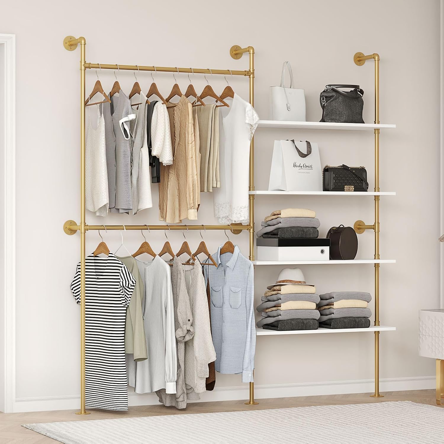 Industrial Pipe Clothing Rack Wall Mounted Heavy Duty, Space Saving Garment Hanger System for Wardrobe/Walk-in Closet, Gold
