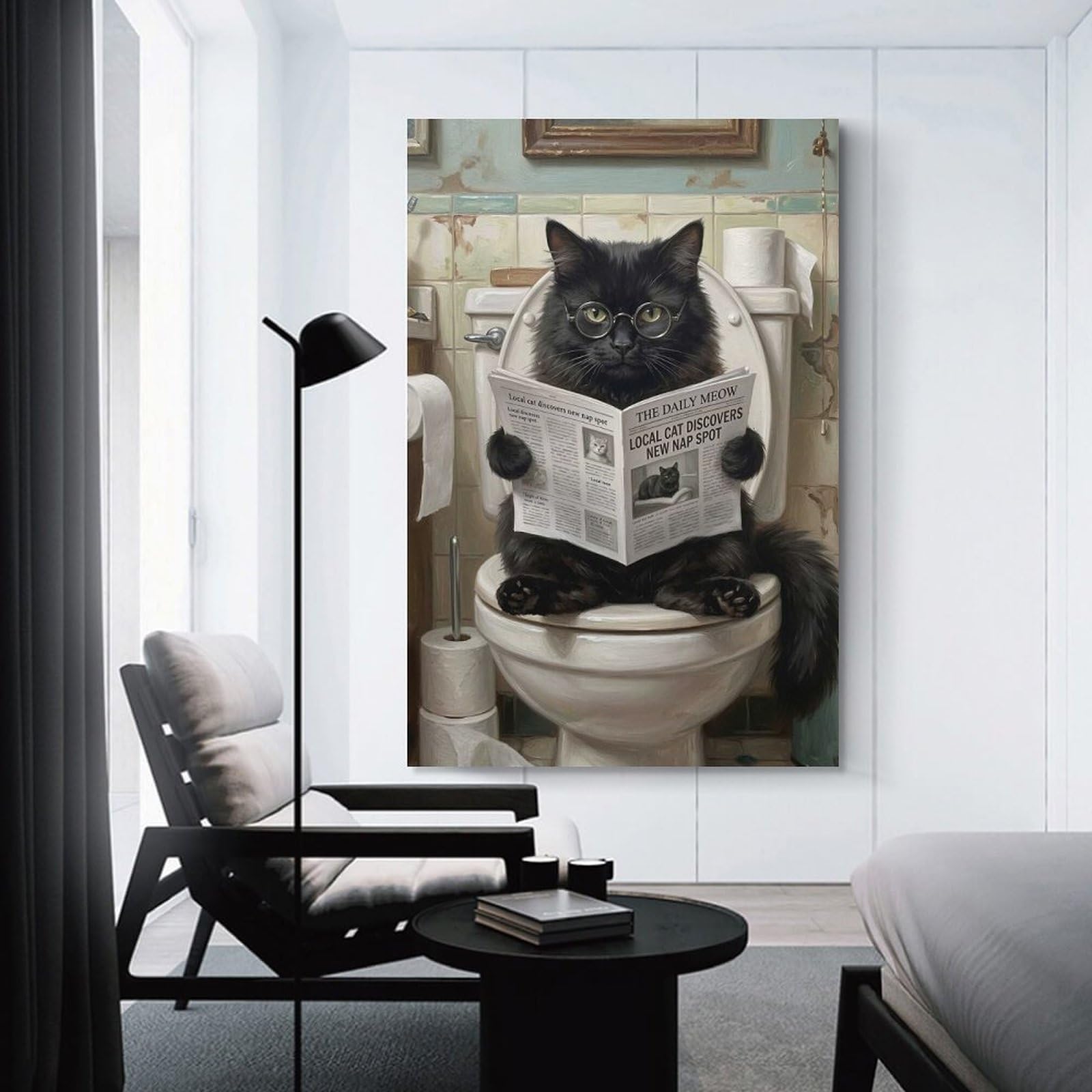 Junmoney Unframe-Style-16 Canvas Wall Decor Cat Reading Newspaper On Toilet, 24X36inch(60X90cm), For Lounge Decor, Bedroom Walls Or Flats, Eye Catching Artwork For Blank Walls