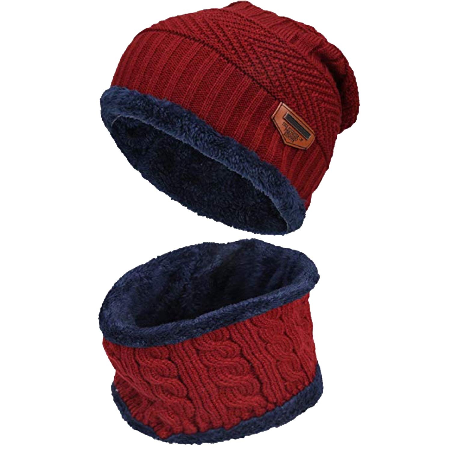 World Of Shawls Unisex Maroon Men Women Knitted Fleece Beanie Hat And Circle Scarf Snood Set Warm Soft And Comfortable (Maroon)