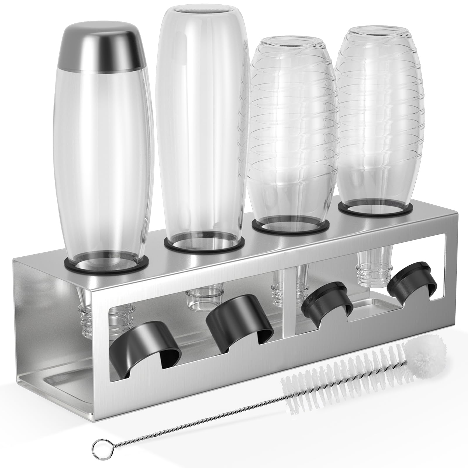HOMMAND Flaschenhalter für SodaStream Crystal und Emil Flaschen, Edelstahl Flaschenhalter Abtropfgestell Abtropfständer für 4 Flaschen, mit Silikonschutzringe, Abtropfschale und Deckelhalter Silber