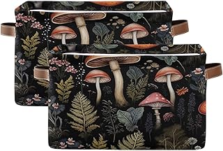 Storage Basket Mushroom Rectangular Collapsible Canvas Shelves Storage Bins with Leather Handles for Shelves Home Closet Bedroom Living Room, 2Pack