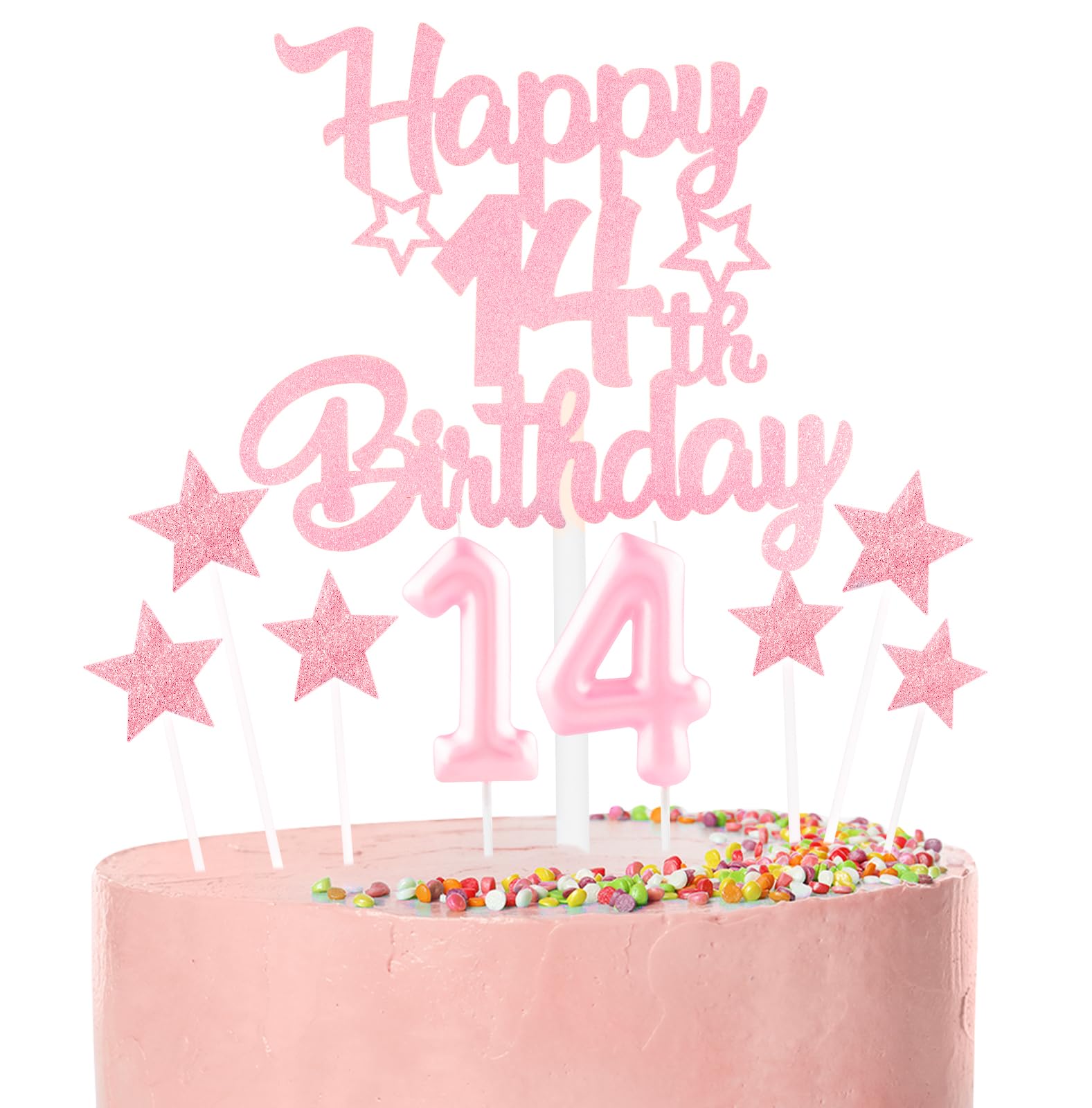 Pink Happy 14th Birthday Candles Cake Topper Set,Glitter Number 14 Birthday Candles with Pink 114th Birthday Cake Toppers Star Cupcake Toppers for Girls Anniversary Decorations โ image 1