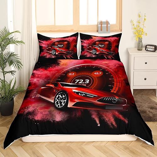 Vista 30 de Erosebridal Funda de edredón roja de coche de carreras para niños y adolescentes, juego de ropa de cama de coche de carreras tamaño Queen, funda