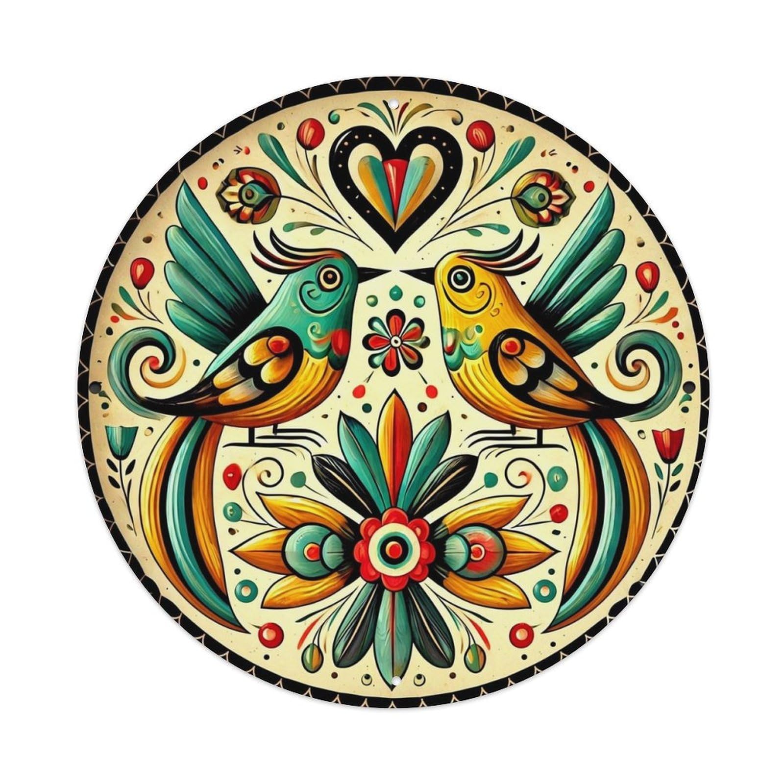 Folk Art Bird Floral Pattern Vintage Metal Tin Sign Retro Wall Decor for Home Bar Garage Cafe, Indoor & Outdoor Decorative，circle Metal Poster, 8x8 Inch