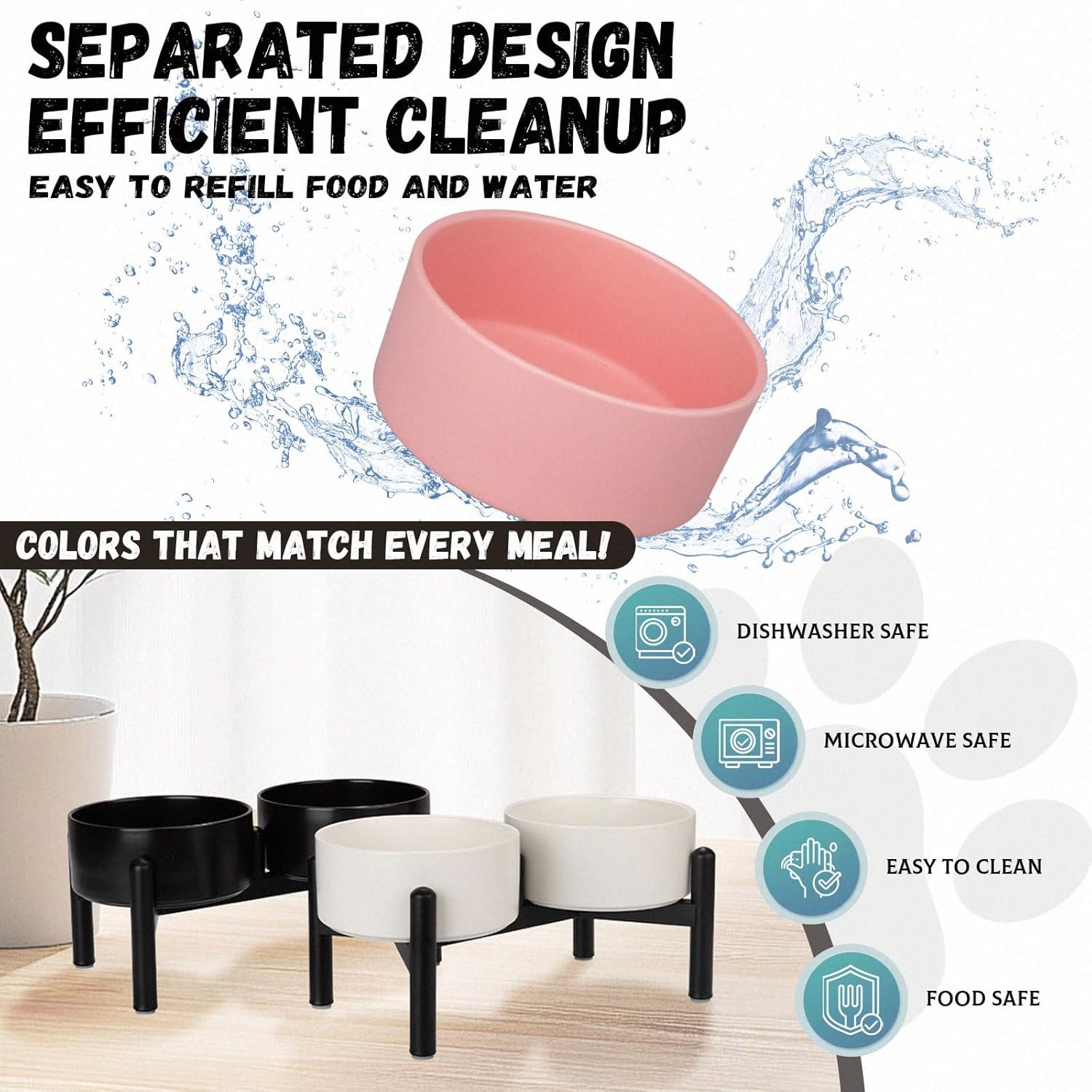 Raised Ceramic Dog Bowl Set - Elevated Double Dishes with Stainless Steel Stand - Food and Water Bowls for Small to Medium Dogs - Each Holds 2 Cups (28.75 fl oz) - White - Image 6