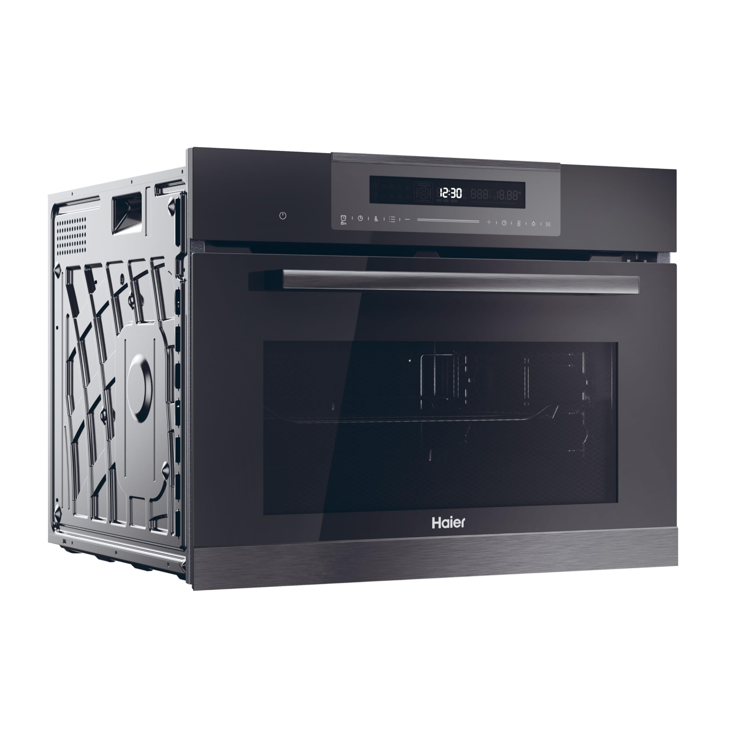 Haier Series 4 HWO45CO4P7B - Horno Multifunción, Pirolítico, Potencia 3000W, Capacidad 50L, 45cm Alto, 12 Funciones, Display táctil, Ventilación Radial, 4 Cristales en puerta, Negro