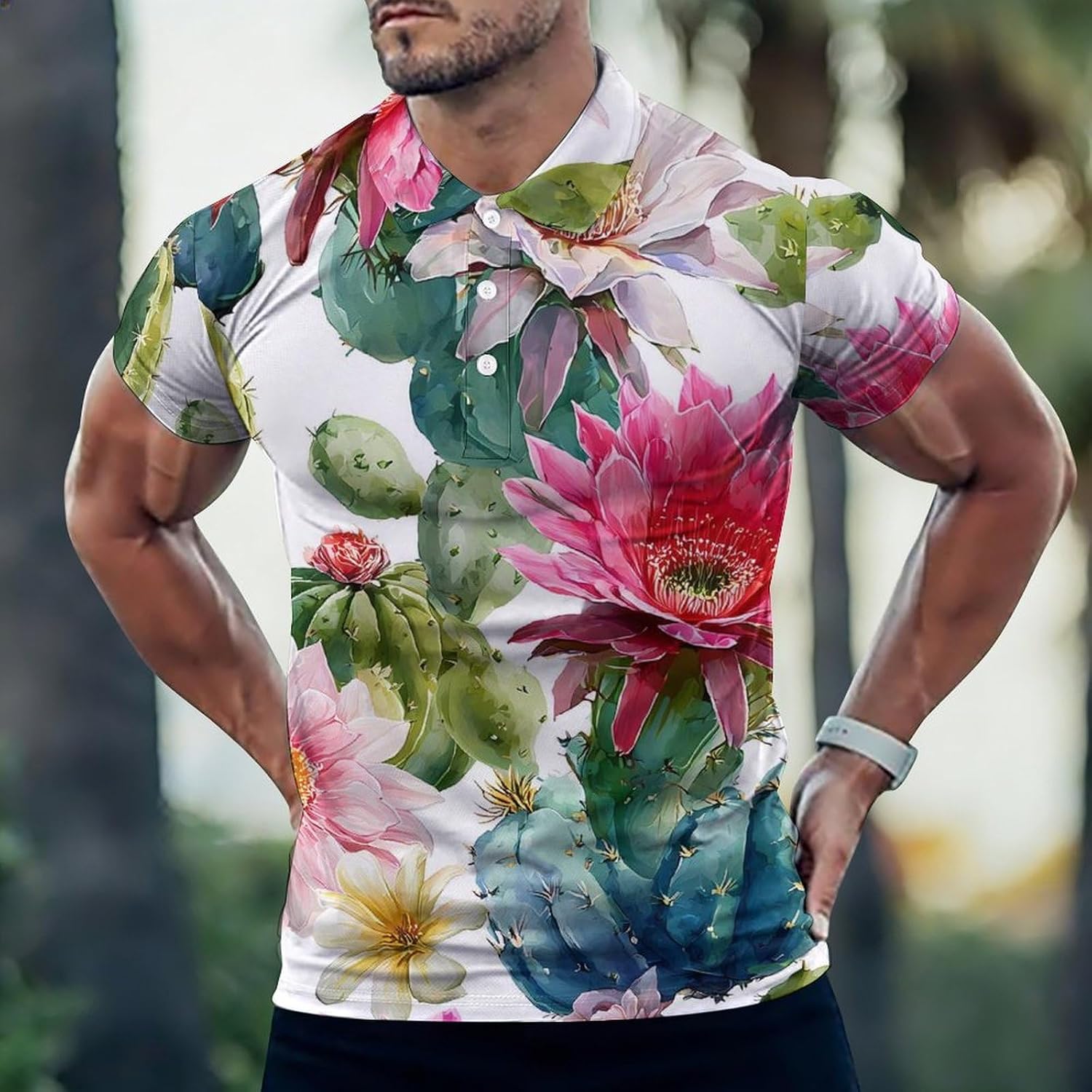 Cactus and Flowers Men's Polo Golf Shirts Collared T-Shirt | short sleeve,three button,quick dry,machine washable,summer tee top