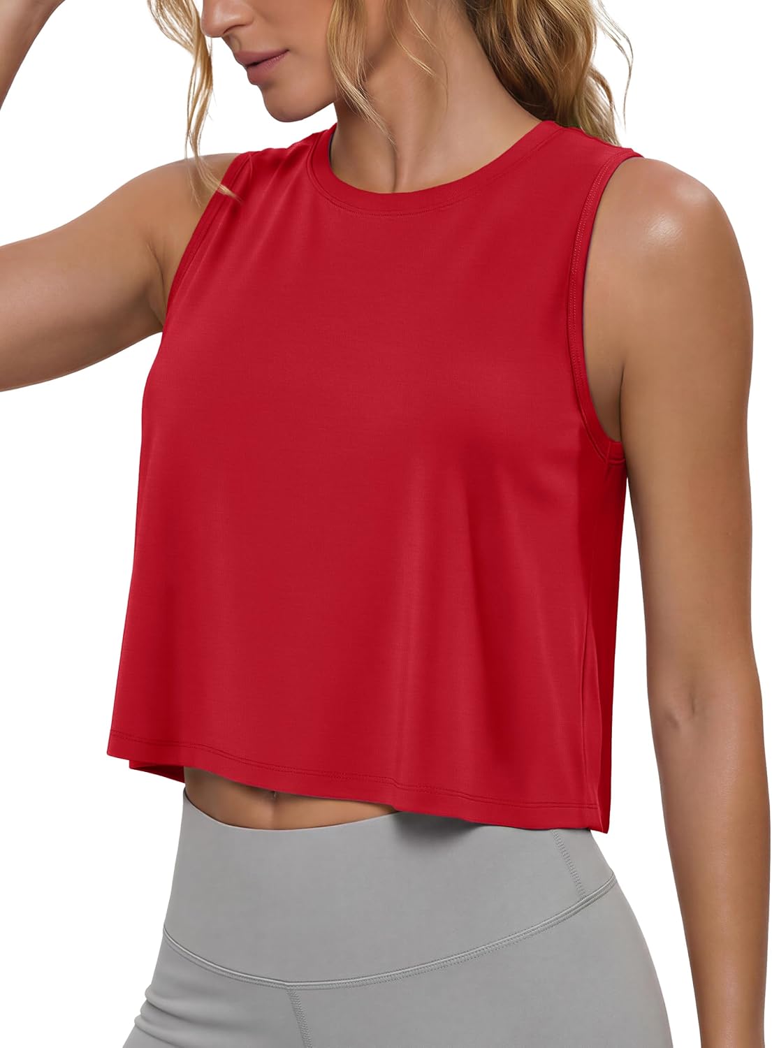 MAGCOMSEN Womens Cropped Tank Tops Workout Muscle Sleeveless Top Quick Dry Crew Neck Loose Fit Yoga Gym Running Athletic