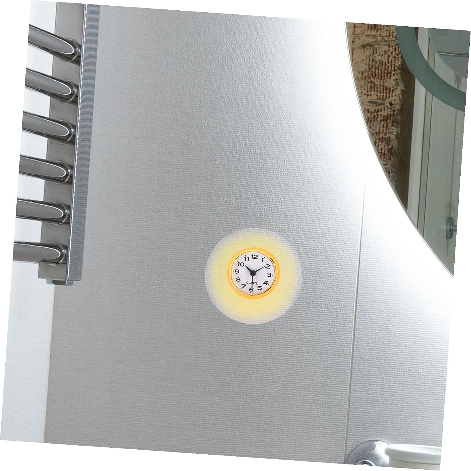 Bathroom Clock with Suction Cup Silent Wall Clock with Calendar Display Shatterproof Glass Mirror Surface Stylish Yellow Design for Kitchen and Shower Use