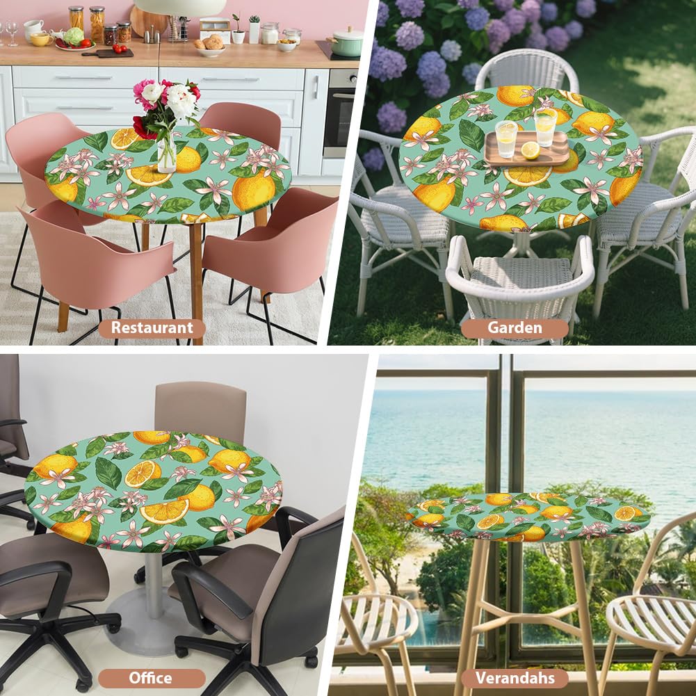 Yuragim Mantel redondo para exteriores con goma elástica, 90 cm, redondo, lavable, para exteriores, resistente a la intemperie, mantel elástico para jardín con estampado de limón, apto para mesas de