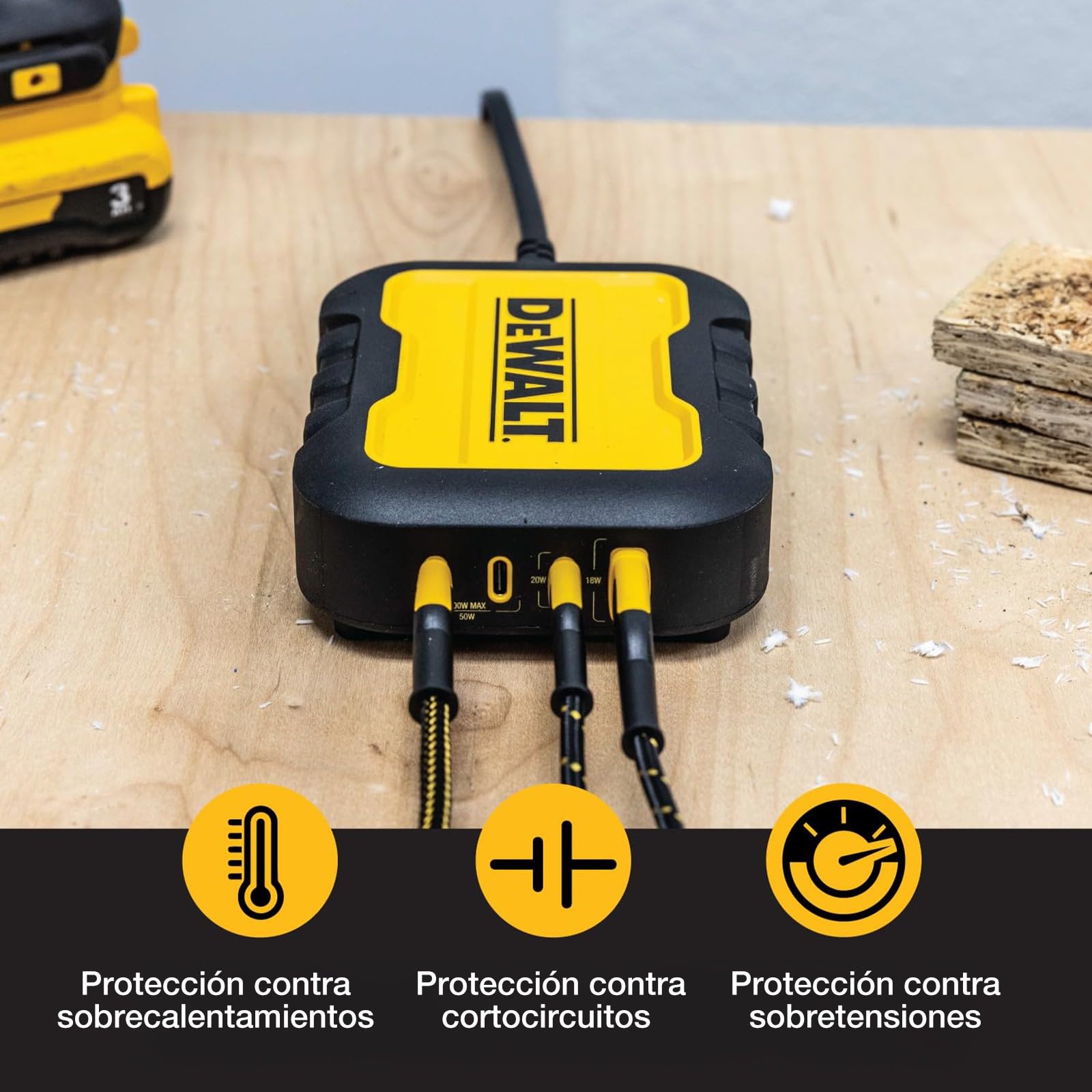 DEWALT Cargador USB-C 4 Puertos 100W, Estación de Carga USB-C con Power Sharing Inteligente y Cable 1,8 m, Carga 4 Dispositivos, Compatible con Baterías DEWALT 20V MAX y FLEXVOLT