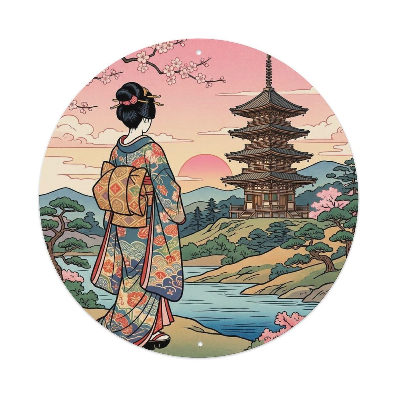 Japanese Dawn Pagoda Geisha Pink Sky Scene Metal Tin Sign