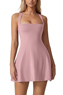 QINSEN Womens Square Neck Tennis Dress Sleeveless Built in Shorts Golf Athletic Dress with Pockets - Amazon product rated Grade A