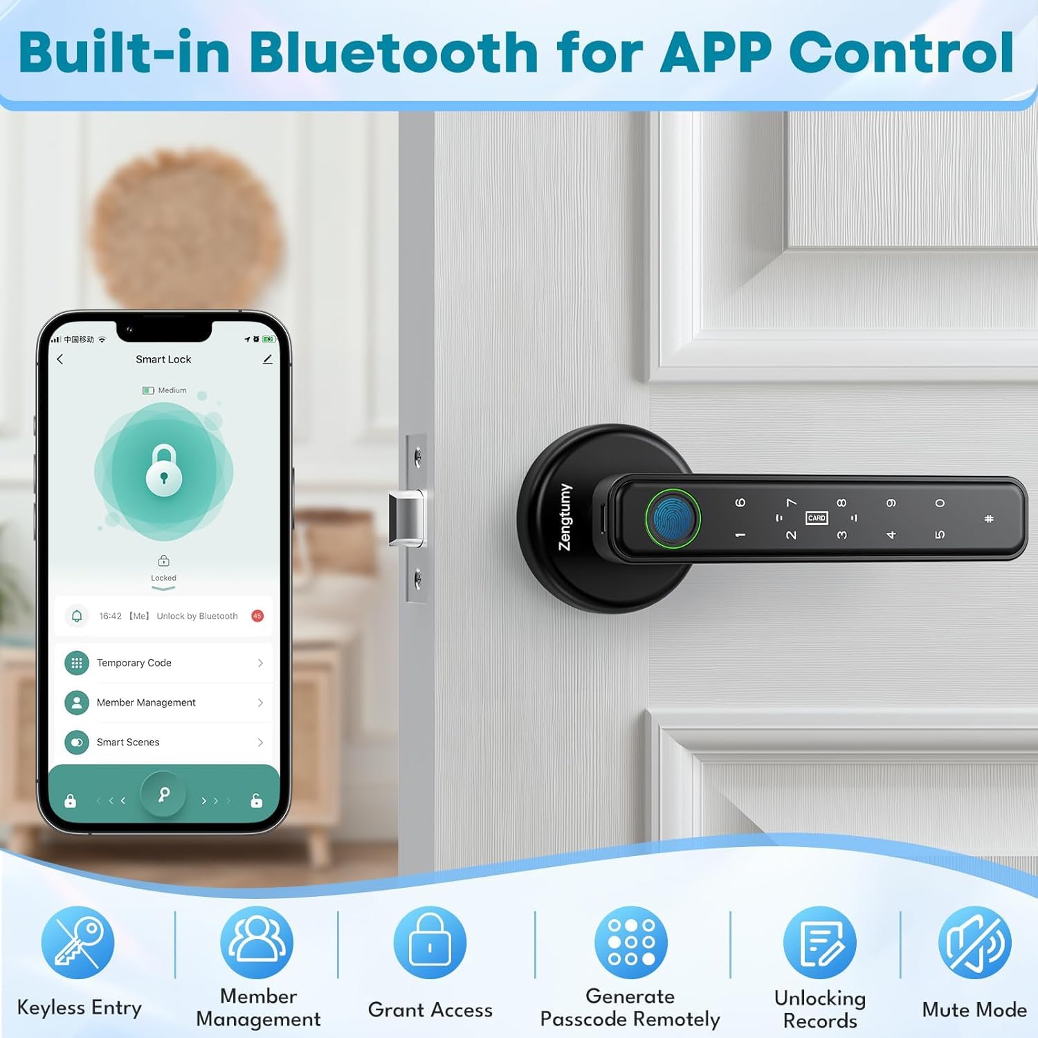 Serrure de porte à empreintes digitales, serrures de porte pour chambre à coucher, serrure de porte biométrique avec empreinte digitale/application/mot de passe/clé/carte IC - Serrure de