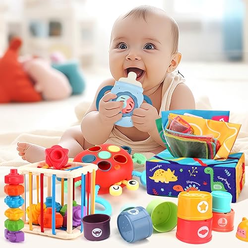 Miniatura 7 de Montessori - Juguete para bebés de 6, 12 y 18 meses, caja de pañuelos de juguete para mordedor, juguete de cangrejo, juguetes sensoriales para