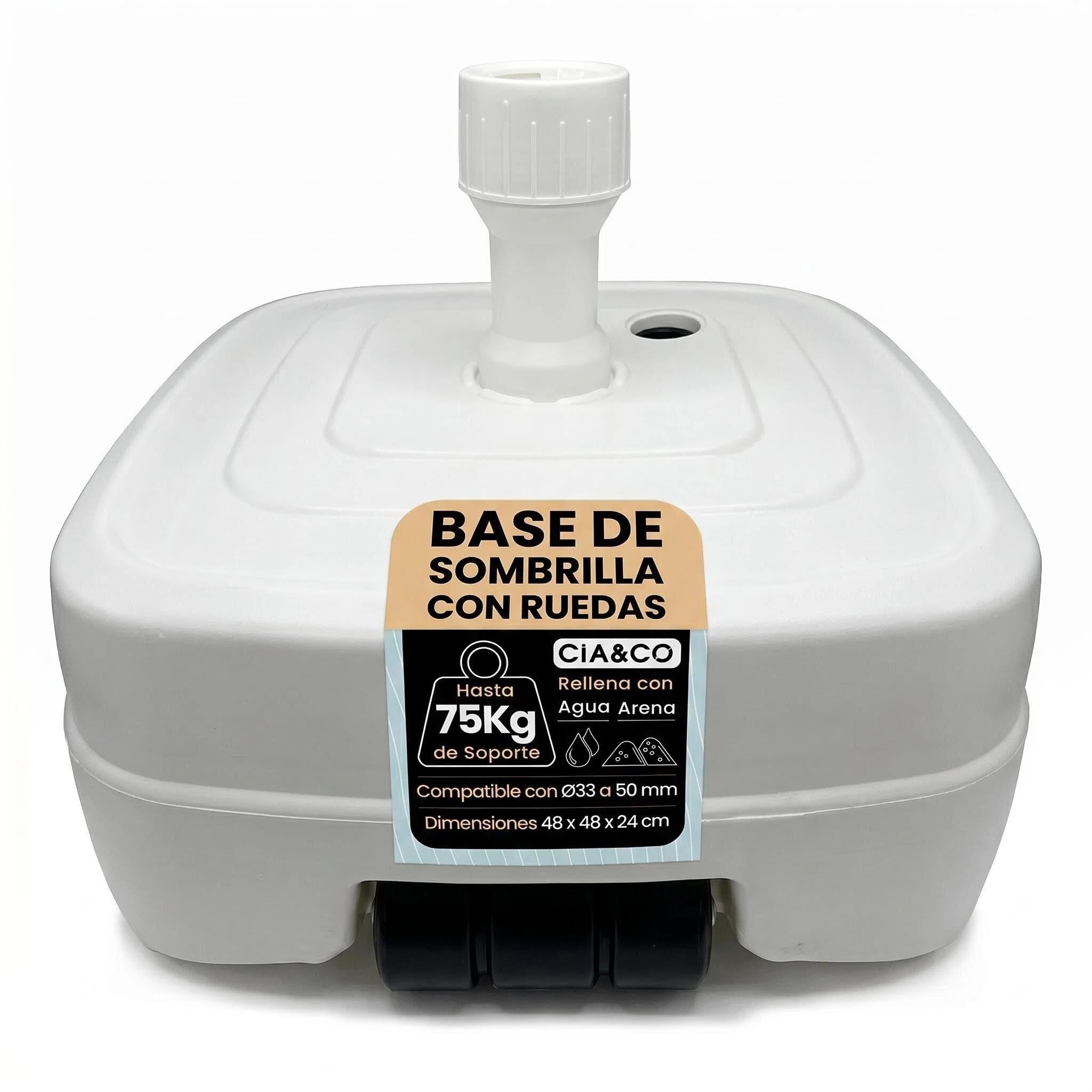 Cia&Co Base de Sombrilla con Ruedas XXL 48x48x24 cm · hasta 75 kg Rellenable 46L Agua/Arena · Compatible Ø33-50 mm · Sombrillas Grandes · Exterior Jardín Terraza Antiviento (Blanco Jardin)