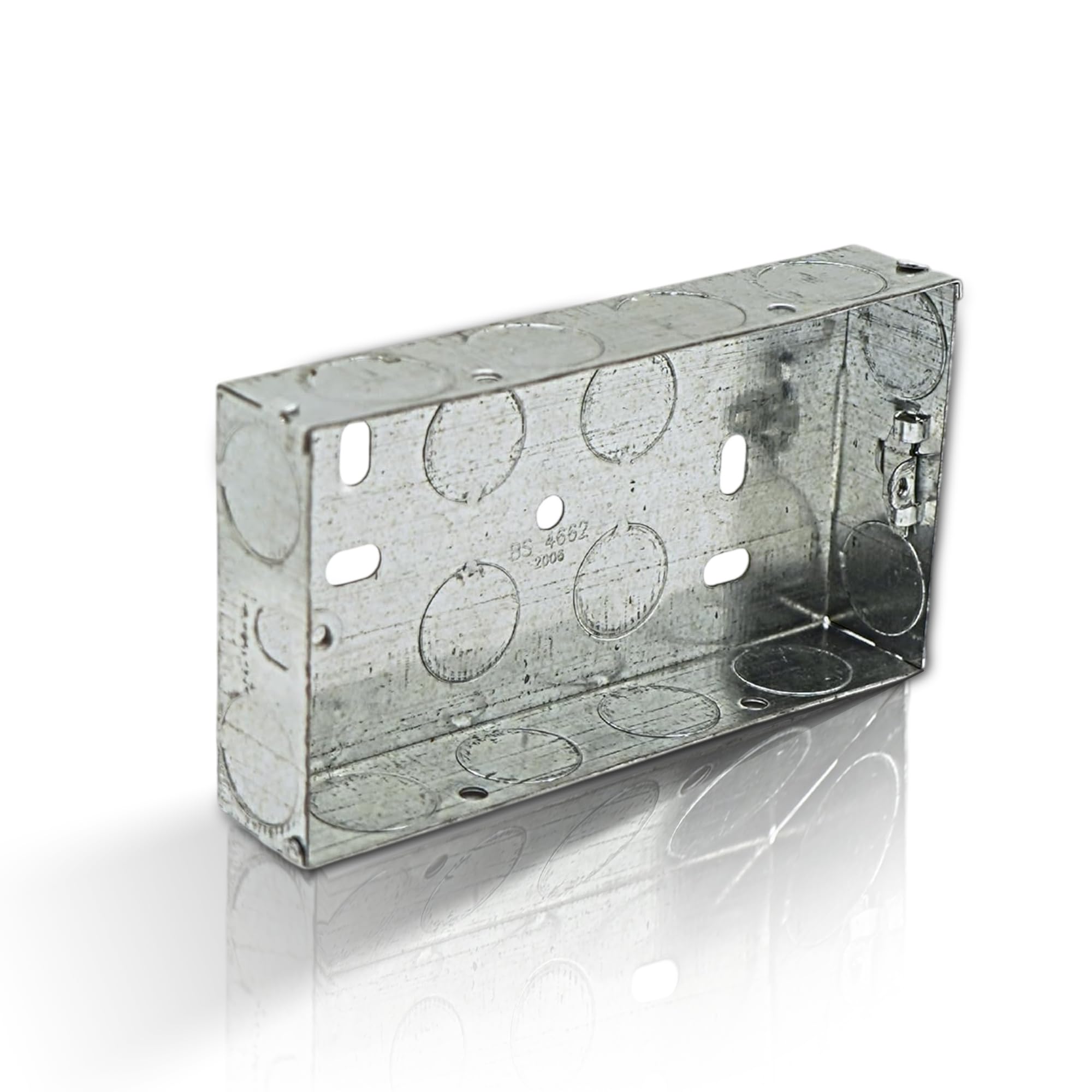 LampStation Metal Back Box | 2 Gang 25mm | Galvanised Steel Pattress Box for Electrical Sockets & Switches | Knockouts, Adjustable Lugs, Brass Earth Terminal | BS 4662 | 1 Pack