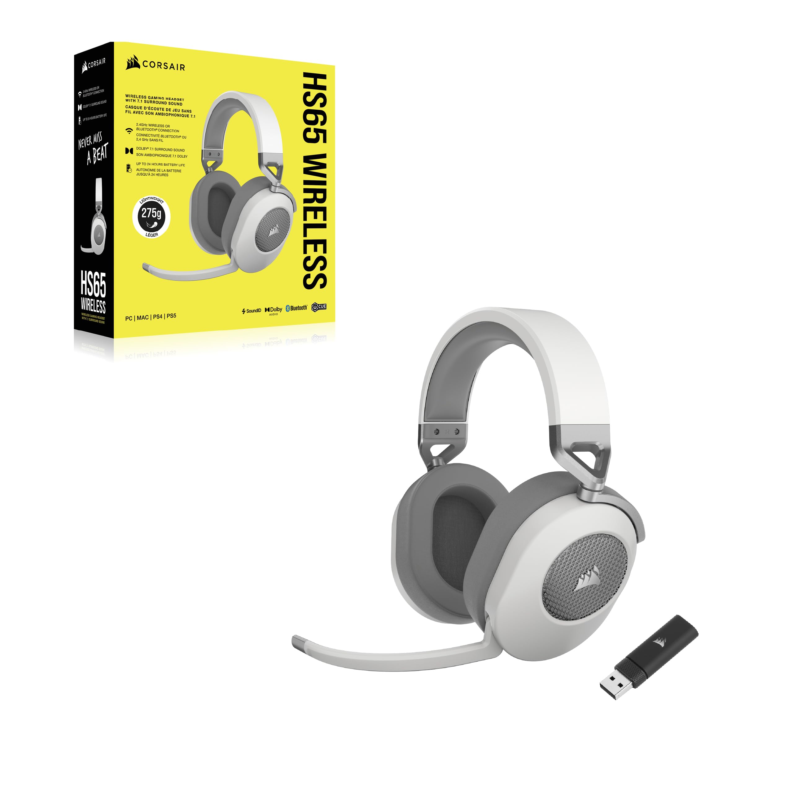 Corsair HS65 Wireless Gaming Headset Bluetooth Dolby 7.1 Surround Sound – Bianco (ricondizionato)