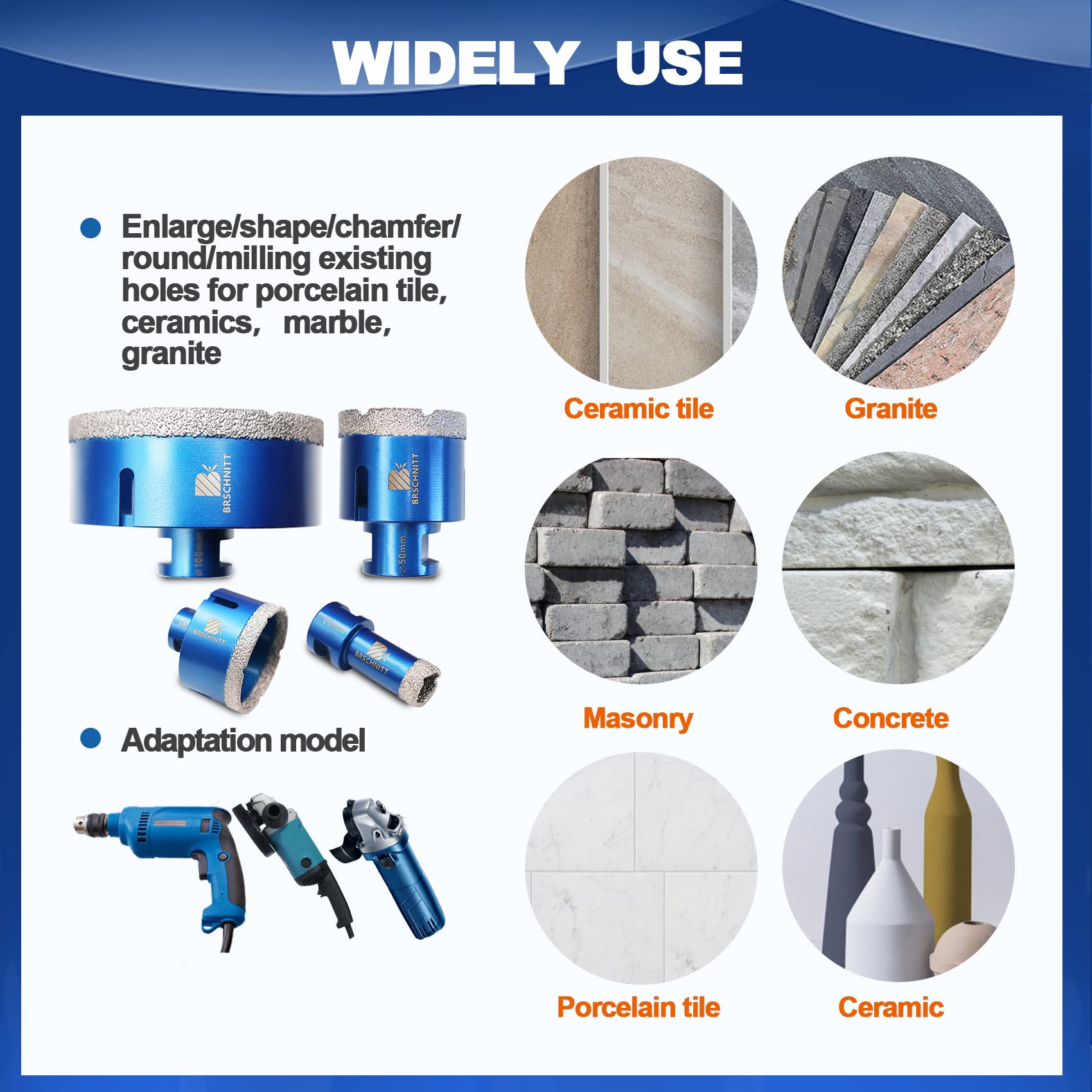 Diamond Core Drill Bit Set for Porcelain Tile Ceramic Marble Granite Drilling,BRSCHNITT 20/50/68/100mm tile bit & 35mm finger drill bit &50mm diamond chamfer bit with M14 Thread &adapter - Image 3