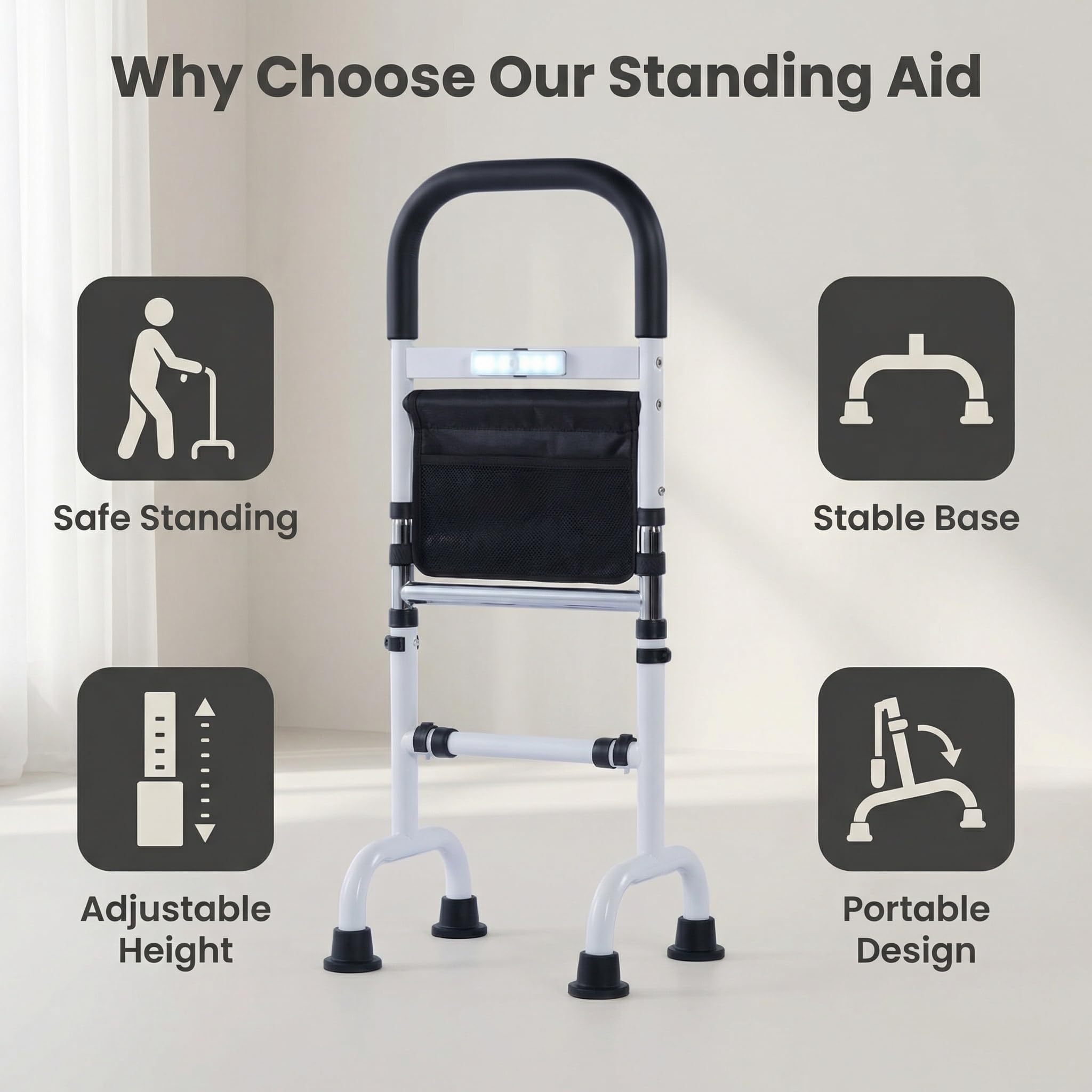 Aiuto in piedi per anziani, con luce di movimento, altezza regolabile, con piedini antiscivolo a ventosa, supporto per anziani, disabili, adulti con disabili