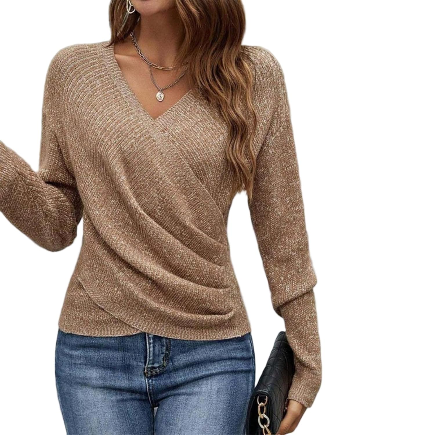 Womens V Neck Long Sleeve Cross Wrap Knit Sweater Fashion Casual Pullover Top for Daily Office and Dating