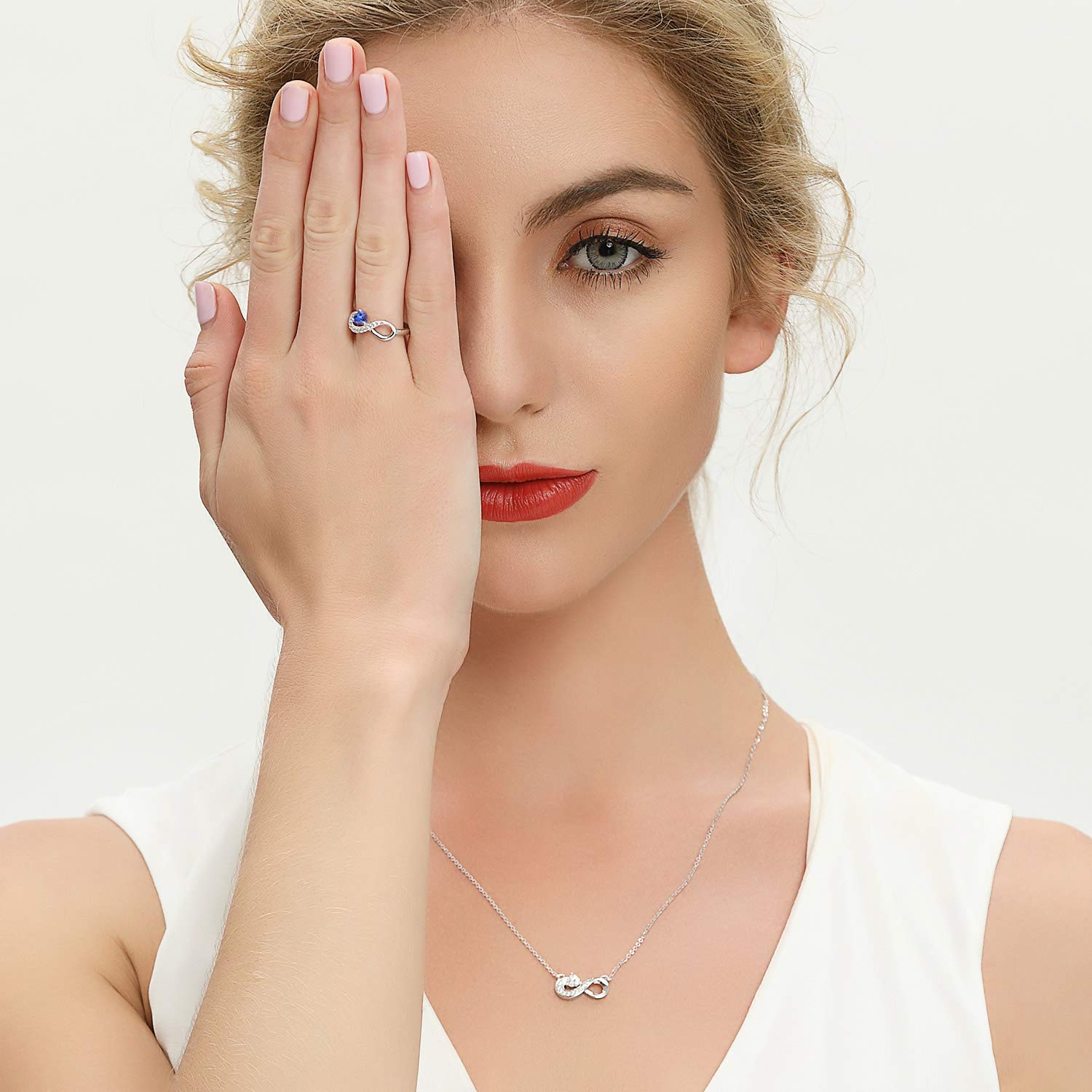 JO WISDOM Mujer Anillo Infinito de Compromiso de Plata 925 Mujer con Circonita 3A,Anillo Piedra de Nacimiento