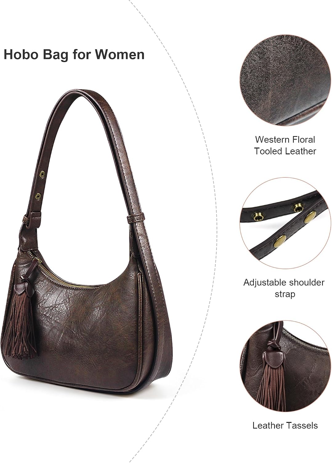 MOETYANG Shoulder Bag for Women Retro Hobo Handbags, Vintage Floral Embossed Vegan Leather Crossbody Purse with Tassel Zipper