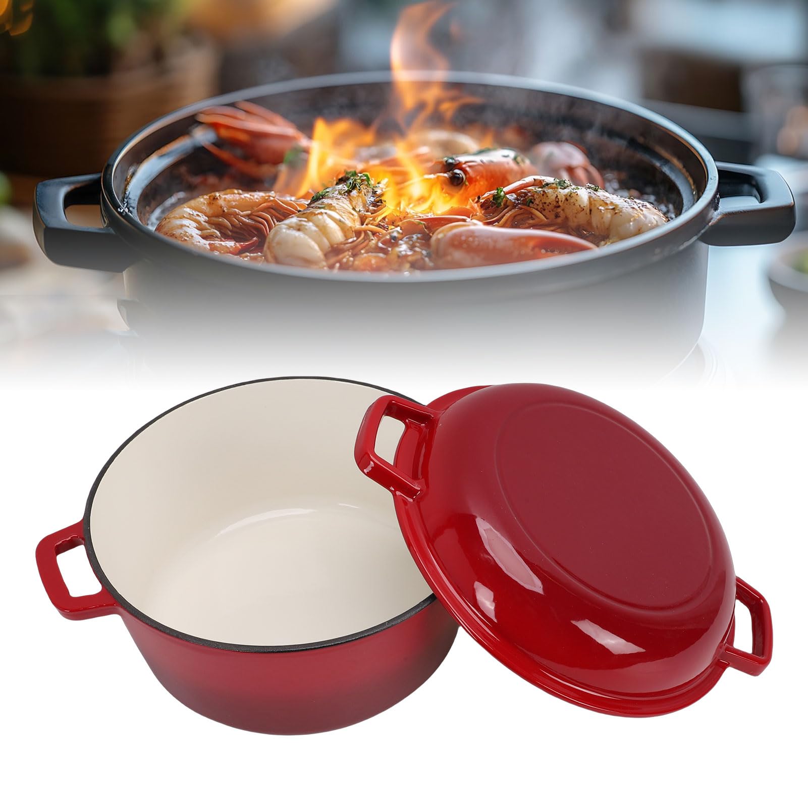 CCYLEZ Forno Rotondo in Ghisa da 5 QT con Coperchio per Padella da 2 QT, Pentola Olandese 2 in 1, Doppi Manici per Brasare, Stufare, Friggere, Cuocere a Fuoco Lento, Cuocere i Pasti in famiglia.